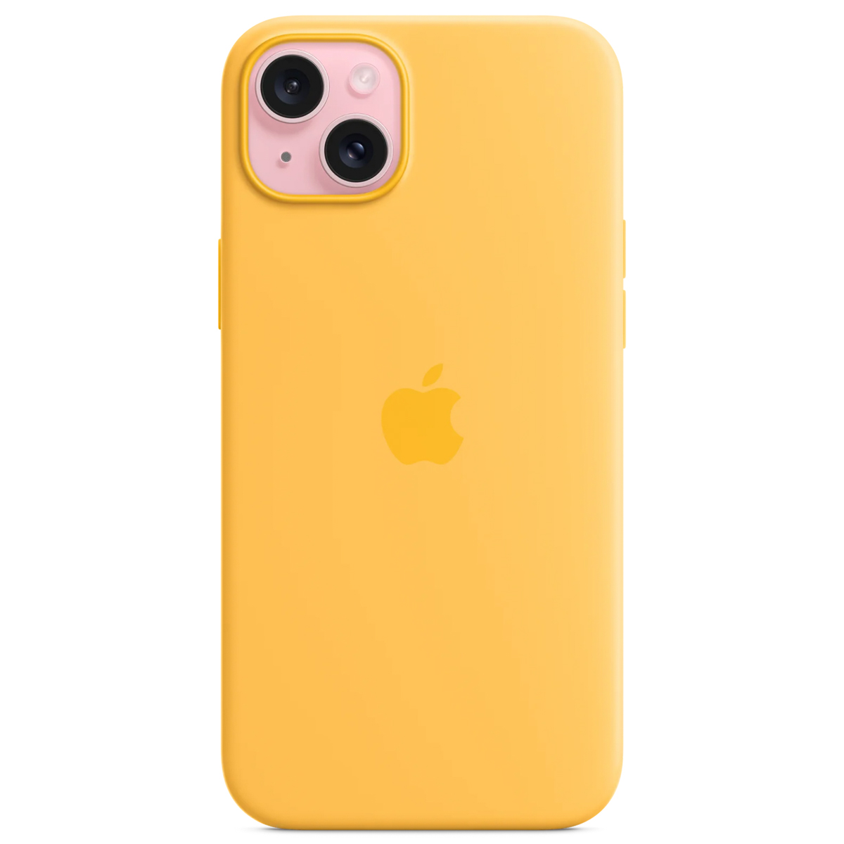 Gele iPhone-hoes met Apple-logo. De hoes heeft een camera-uitsparing met roze en zwarte details. Knoppen zijn zichtbaar aan de zijkant.