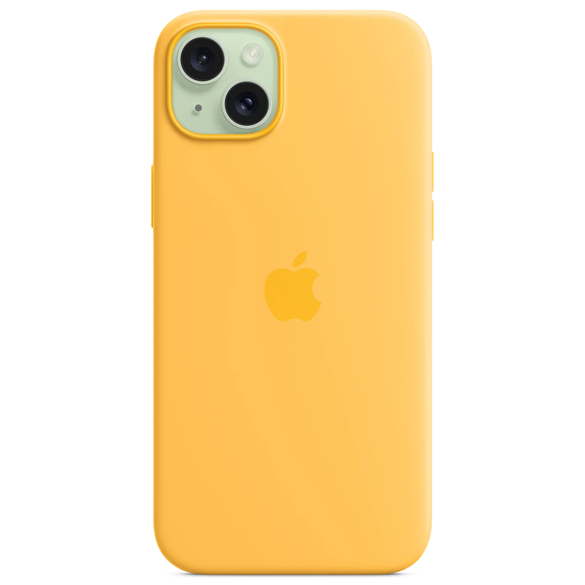 Een gele iPhone-hoes met twee cameralenzen, flitser en een Apple-logo. De hoes is glad en heeft afgeronde hoeken.