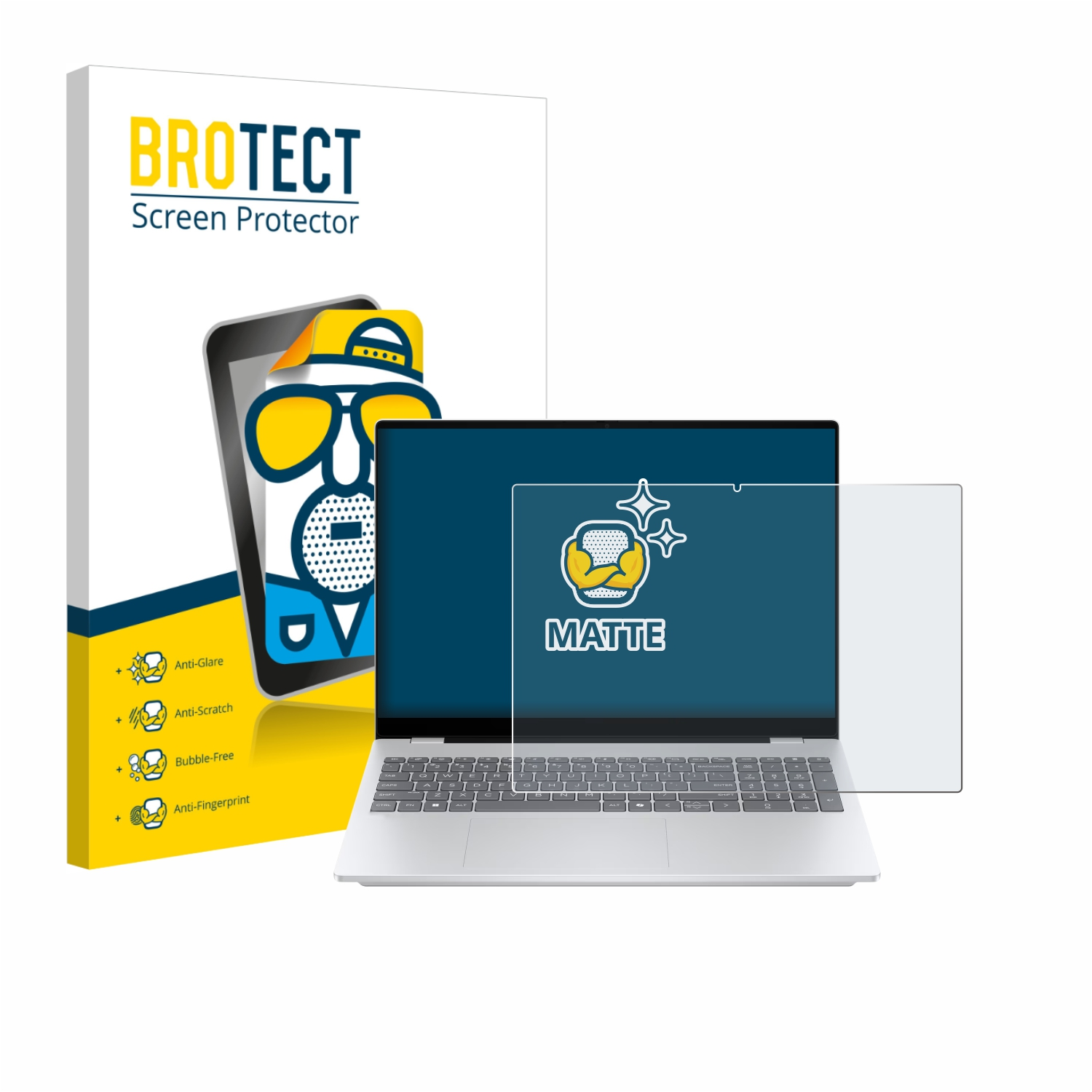 Ein Laptop mit Displayschutzfolie, eine Schachtel mit "BROTECT Screen Protector" und Icons, die Funktionen wie Entspiegelung anzeigen.
