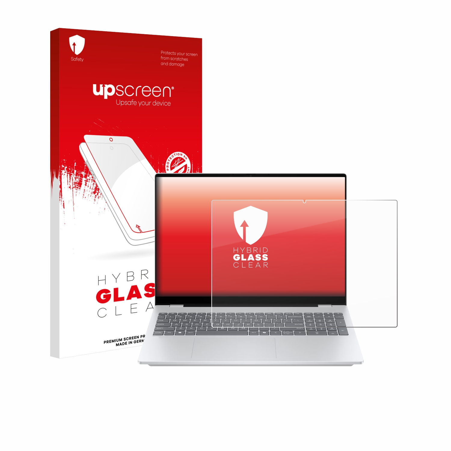 Ein Laptop mit Displayschutz, eine Schachtel mit der Marke 'upscreen' und die Worte 'HYBRID GLASS CLEAR' sind sichtbar.