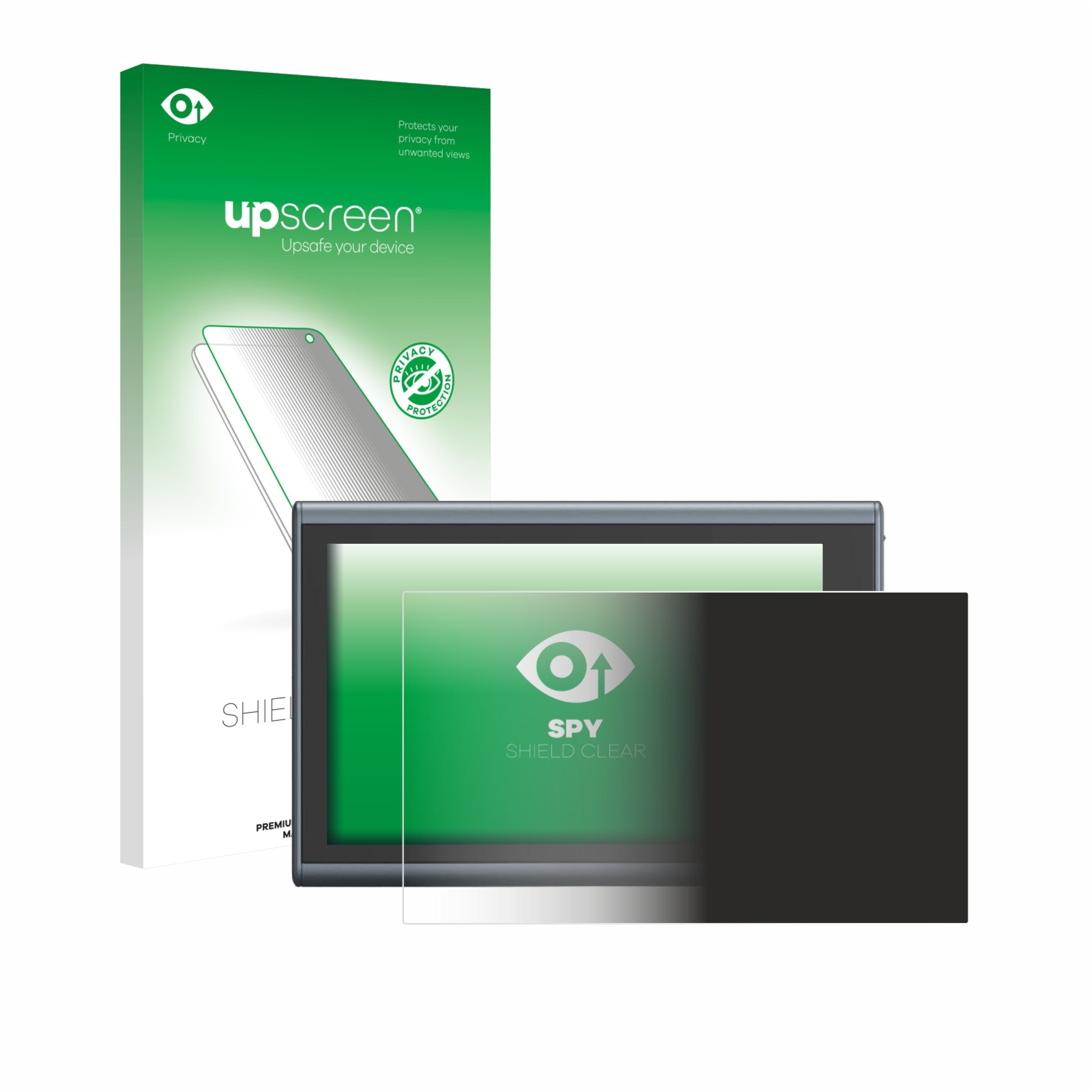 Ein Tablet mit einem Blickschutz, eine Box mit dem 'upscreen'-Logo und ein Label 'privacy shield clear'.