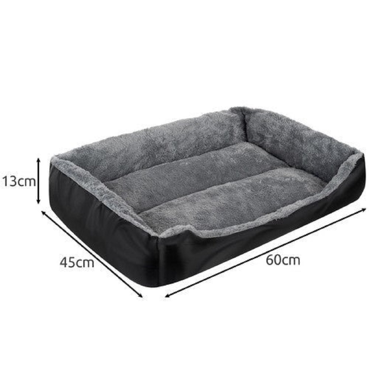 Una cama rectangular para perros con dimensiones etiquetadas. Exterior negro con interior de felpa gris. Dimensiones: 60cm, 45cm y 13cm.