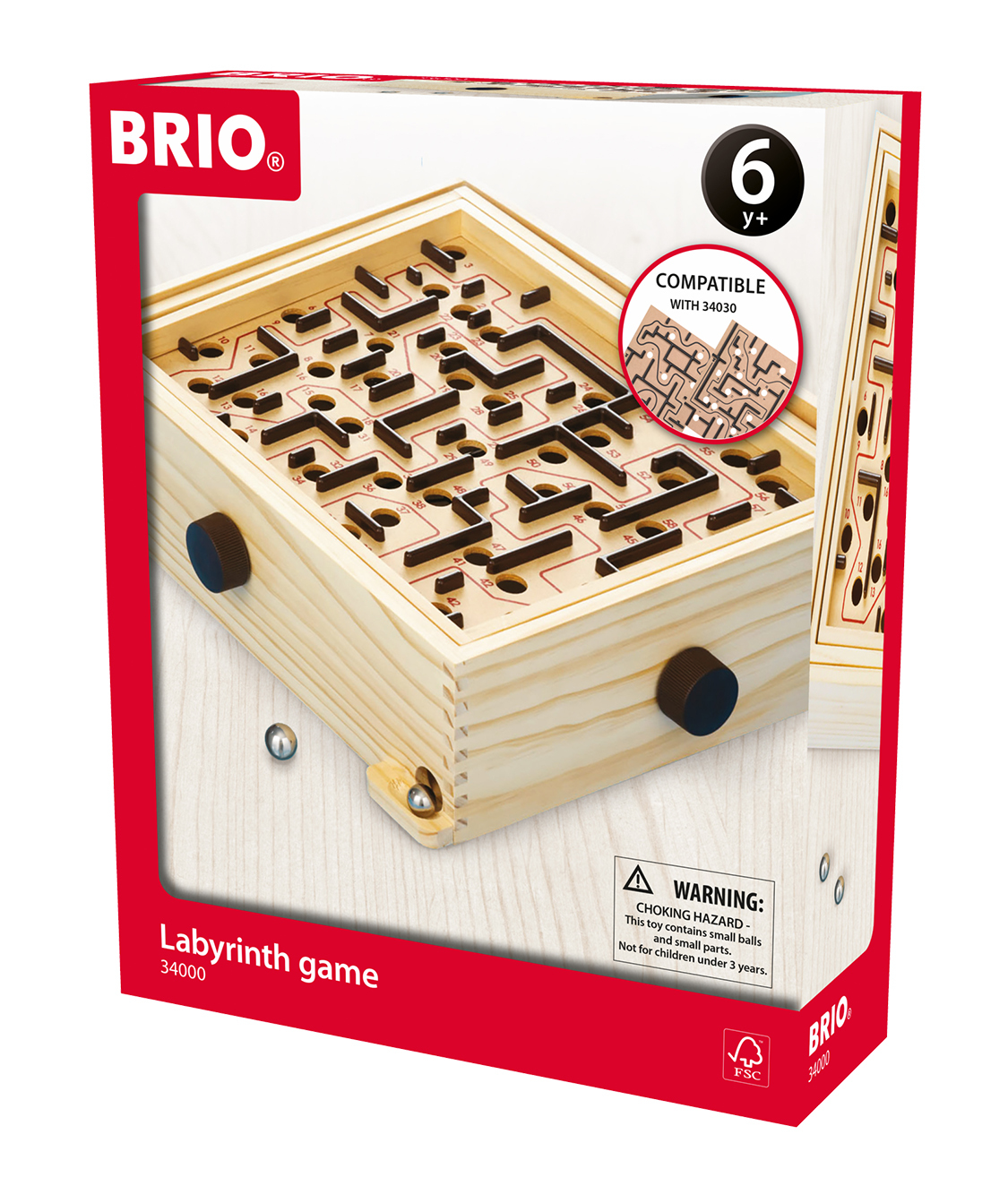 Eine BRIO Labyrinth-Spielbox. Das Holzspiel hat ein Labyrinth im Inneren. Es hat schwarze Knöpfe und eine Warnung vor Kleinteilen.