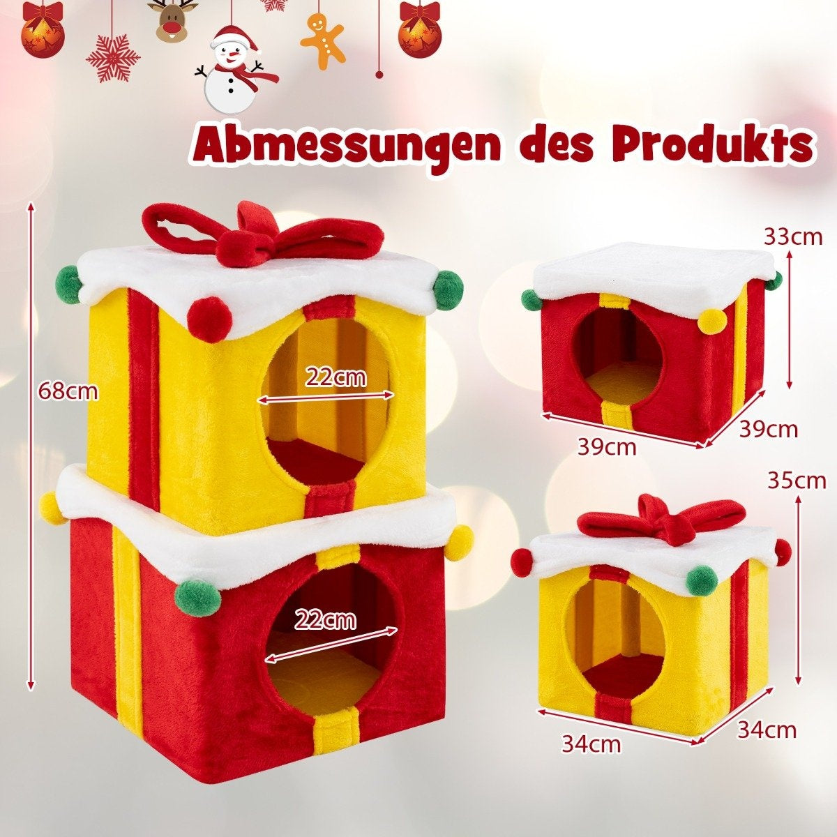 Imagen muestra casas para gatos en forma de regalo. Dos apiladas, una sola, todas rojas/amarillas con borde blanco. Dimensiones indicadas.