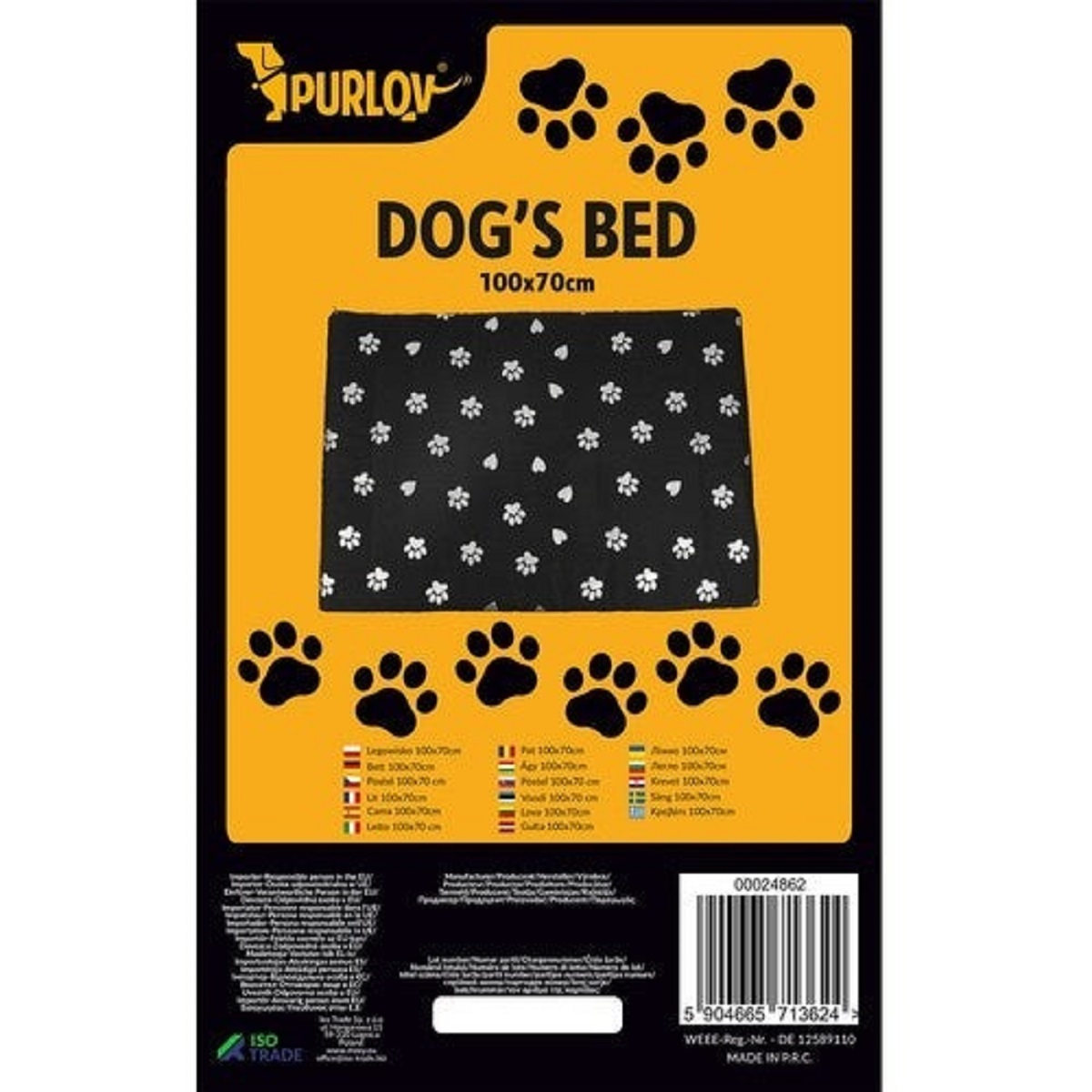 Un paquete de cama para perros. La cama es negra con huellas blancas. El texto dice 'DOG'S BED 100x70cm'.