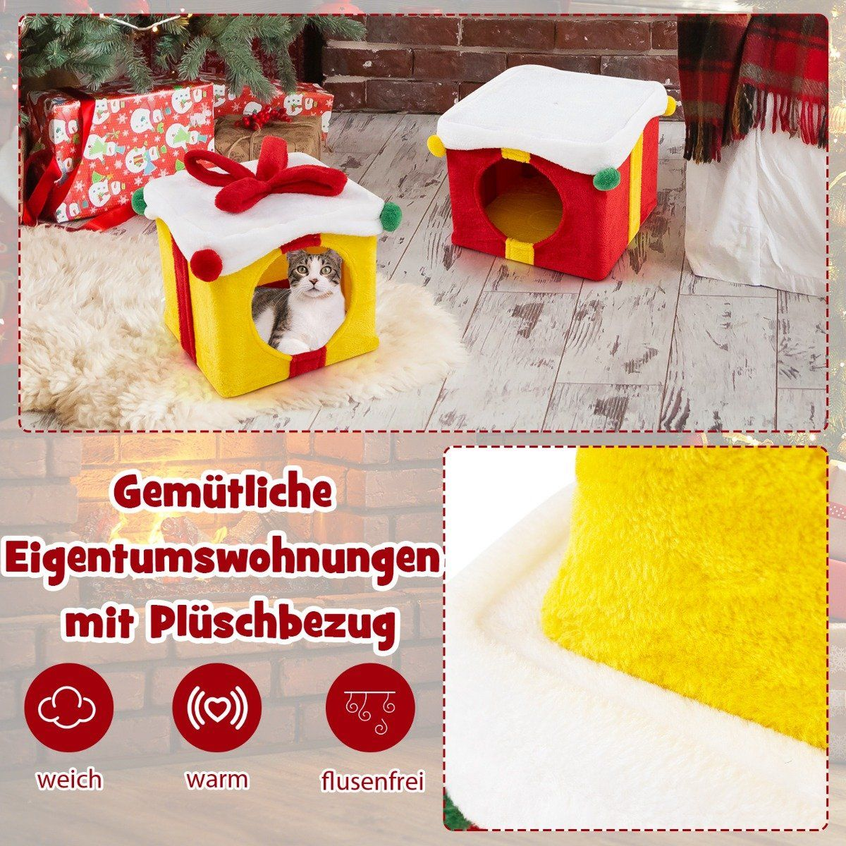 Un gato en una cama con forma de caja amarilla y roja con tapa blanca. Otra cama similar detrás. Un árbol de Navidad al fondo.