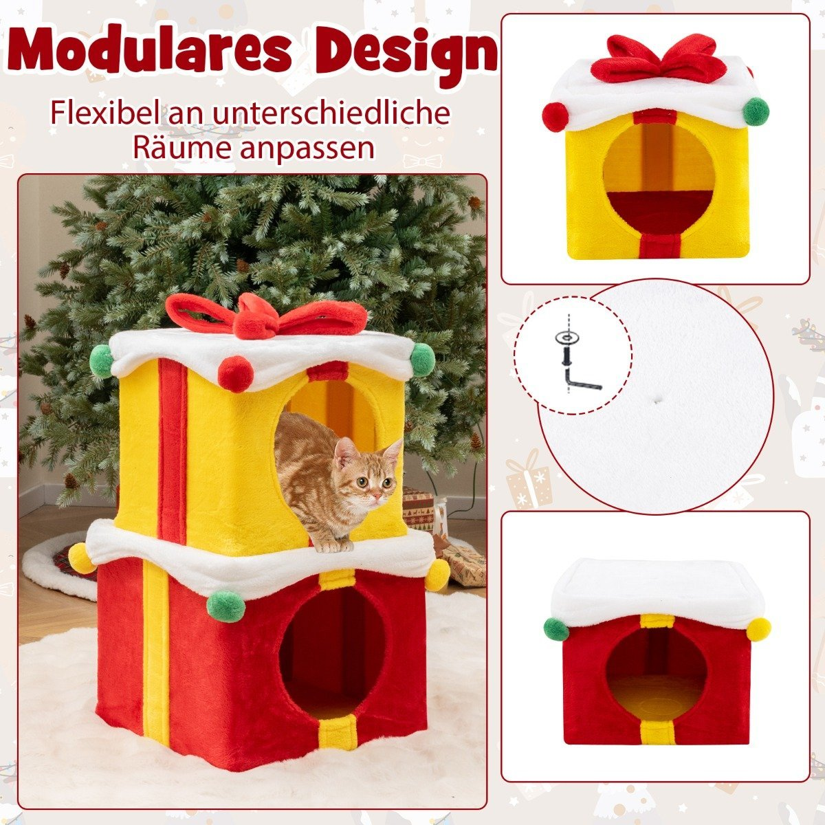 Un gato en una casa para gatos amarilla y roja con techo blanco. Texto superior: 'Diseño Modular'. Un árbol de Navidad al fondo.