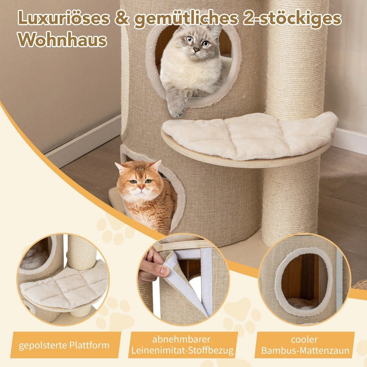 Un rascador con dos gatos. Un gato gris en un agujero y un gato dorado en otro. Incluye plataformas y postes rascadores.