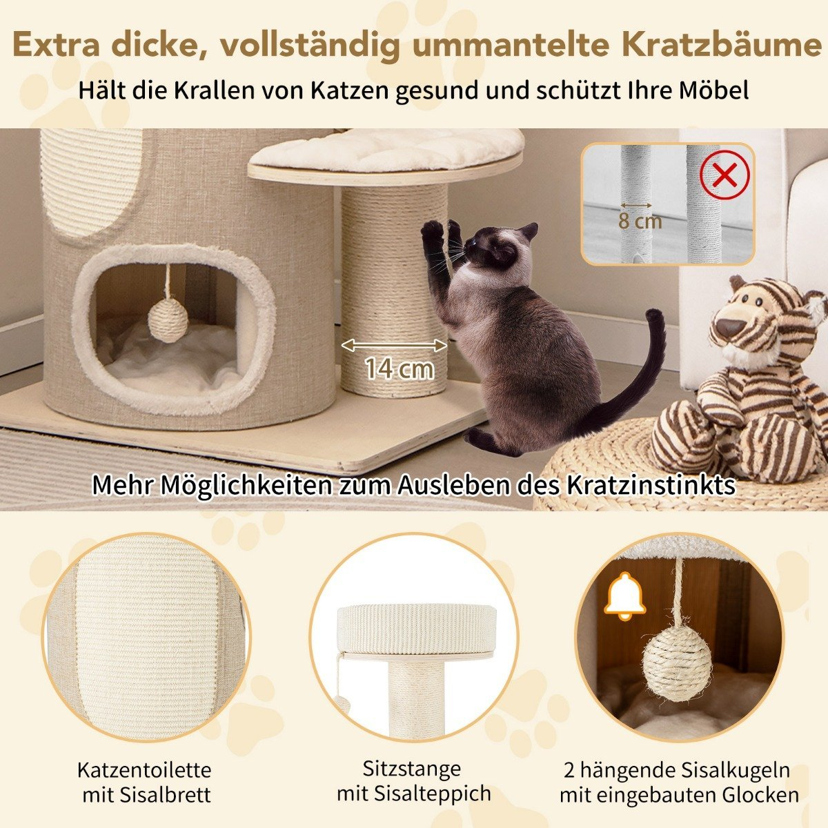 Un gato rasca un rascador. Un juguete de tigre está a la derecha. Detalles muestran inodoro para gatos, percha y bolas de sisal colgantes.