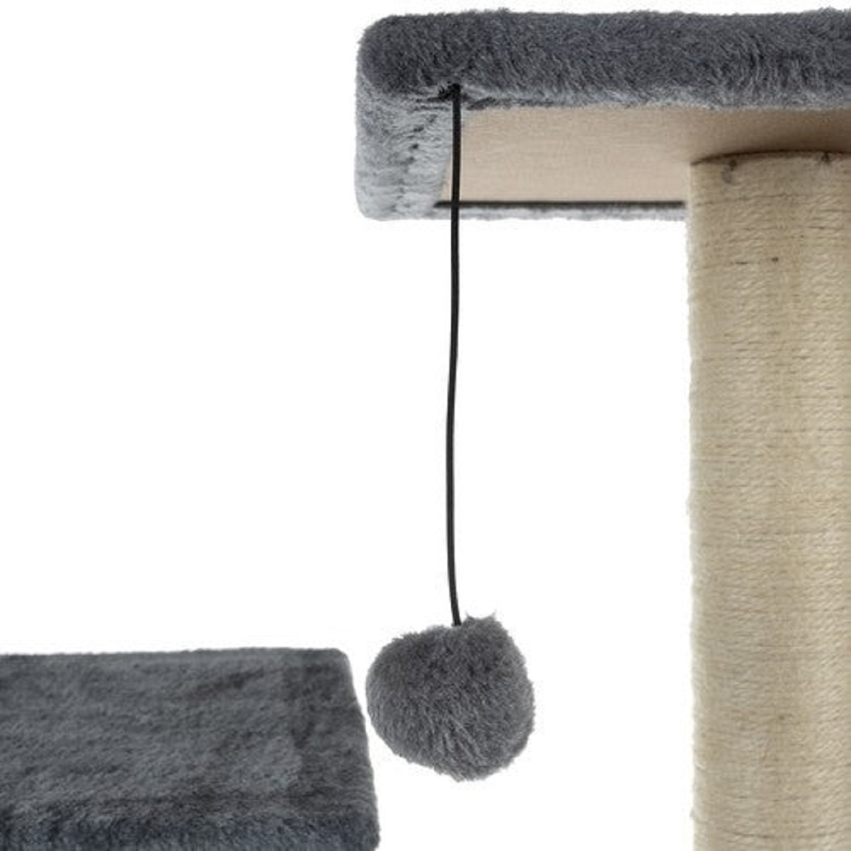 Un rascador para gatos con una parte superior gris y esponjosa y una bola gris colgante. A la derecha se ve un poste rascador beige.