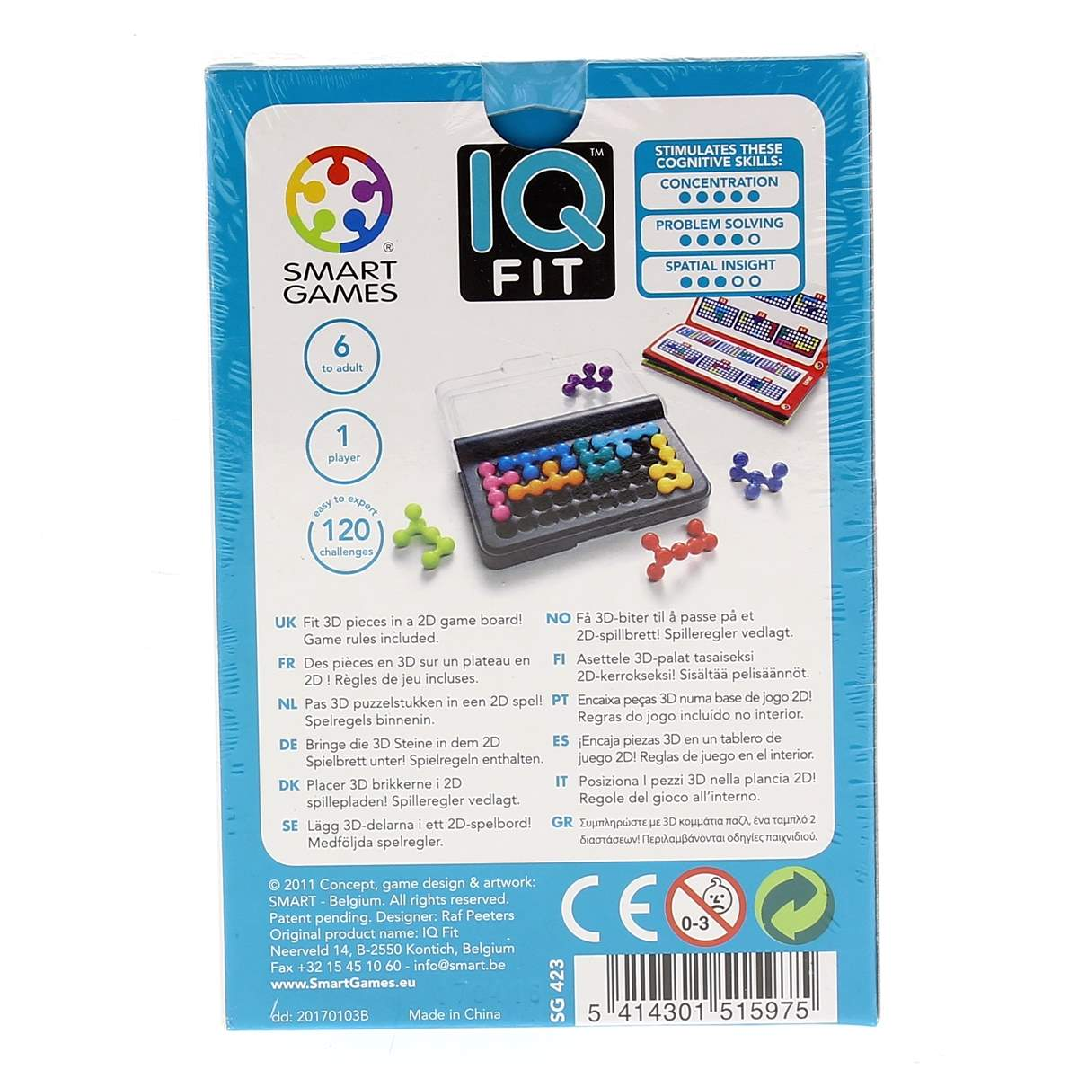 Pudełko gry IQ Fit. Pokazuje elementy gry w etui z wyzwaniami i wspomina umiejętności, takie jak koncentracja i rozwiązywanie problemów.