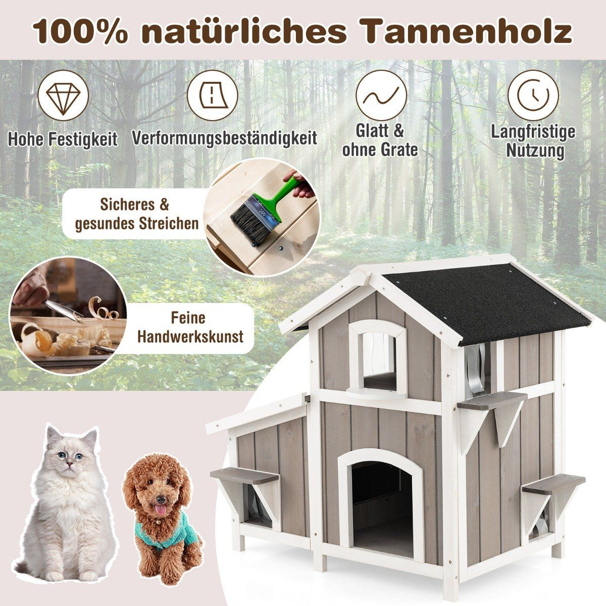 Una casa de madera para gatos con dos gatos y un perro. El texto dice '100% madera de abeto natural'.