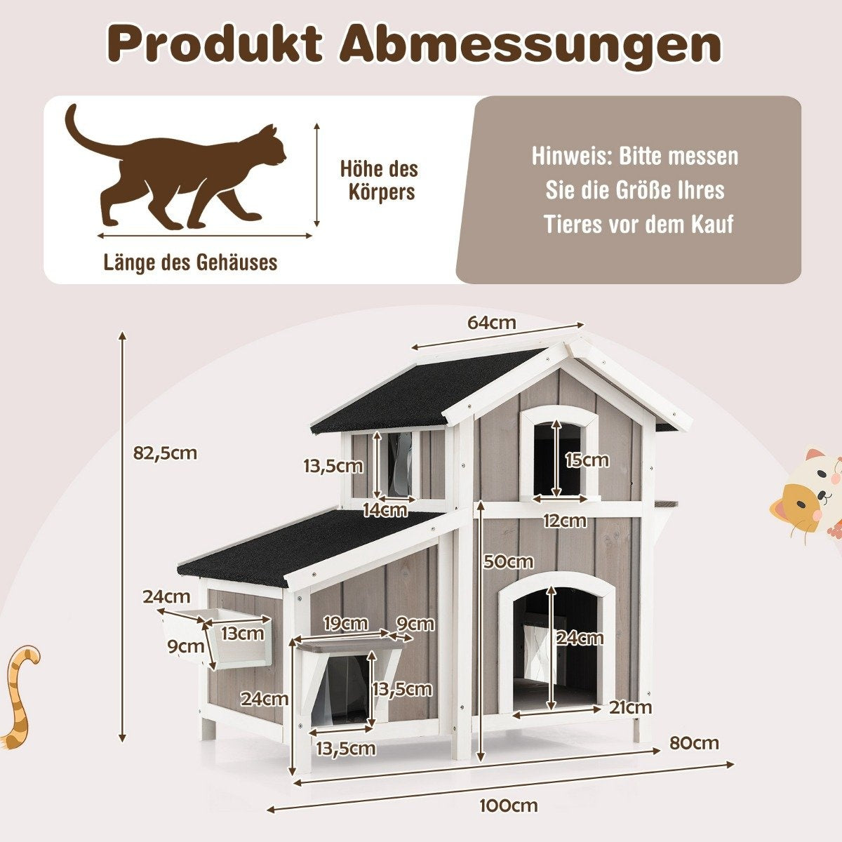 Se muestra una casa para gatos con dimensiones. Tiene una estructura de madera gris con techo negro y varias medidas en cm.