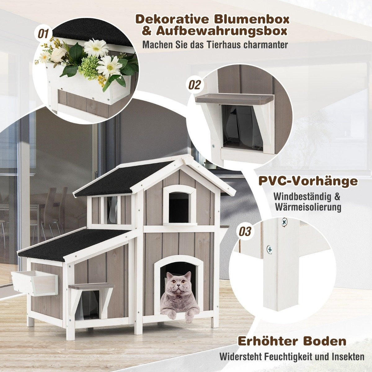 Una caseta para gatos gris y blanca con un gato dentro. Tiene un macetero y un pequeño porche. Detalles muestran la construcción.