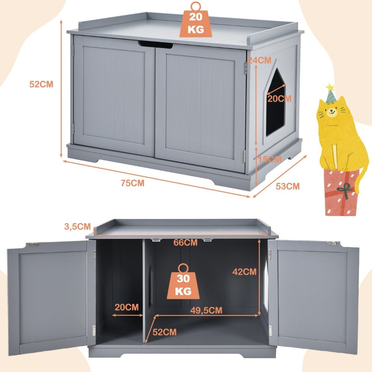 Una caja de arena gris con dimensiones. Un gato amarillo con gorro de fiesta sentado en una caja de regalo.