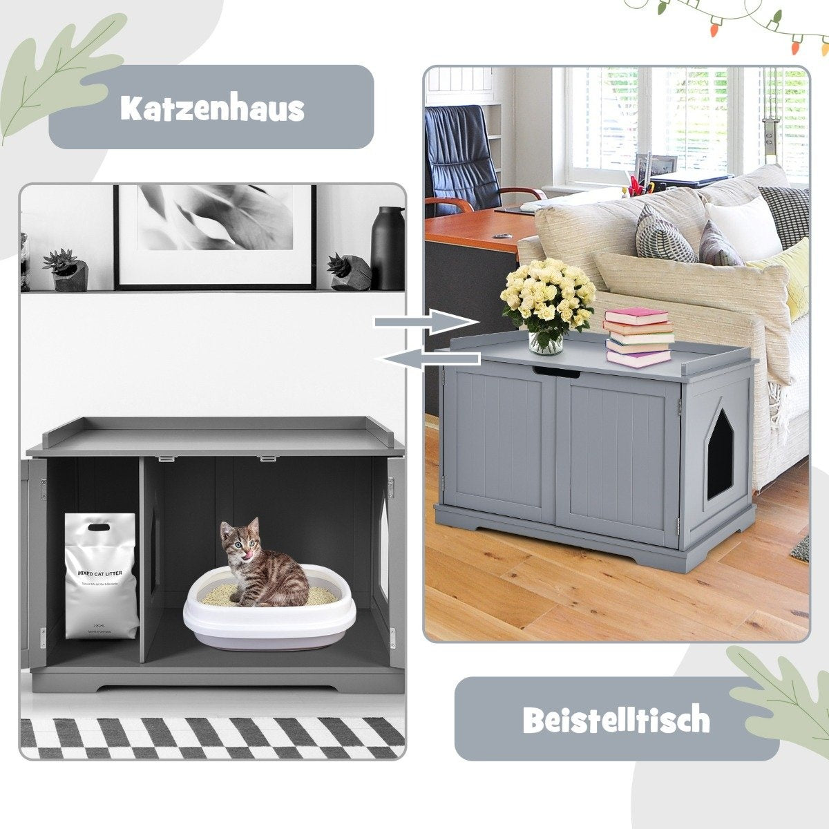 Una casa para gatos gris con un gato dentro. A la derecha, una mesa auxiliar con flores y libros. Fondo: oficina y sala de estar.