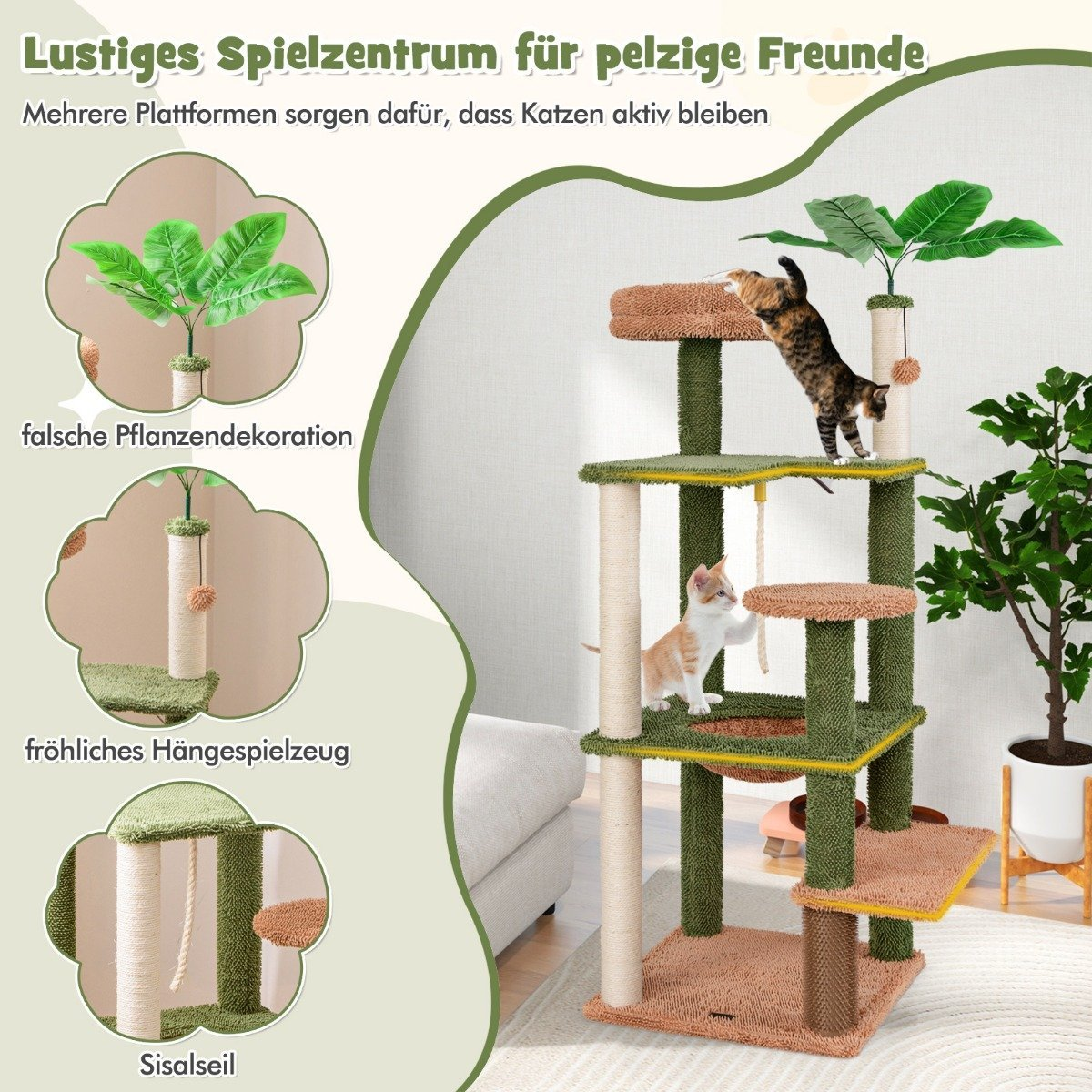 Un árbol para gatos con dos gatos. Tiene plataformas, postes rascadores y juguetes colgantes. El árbol es marrón y verde.