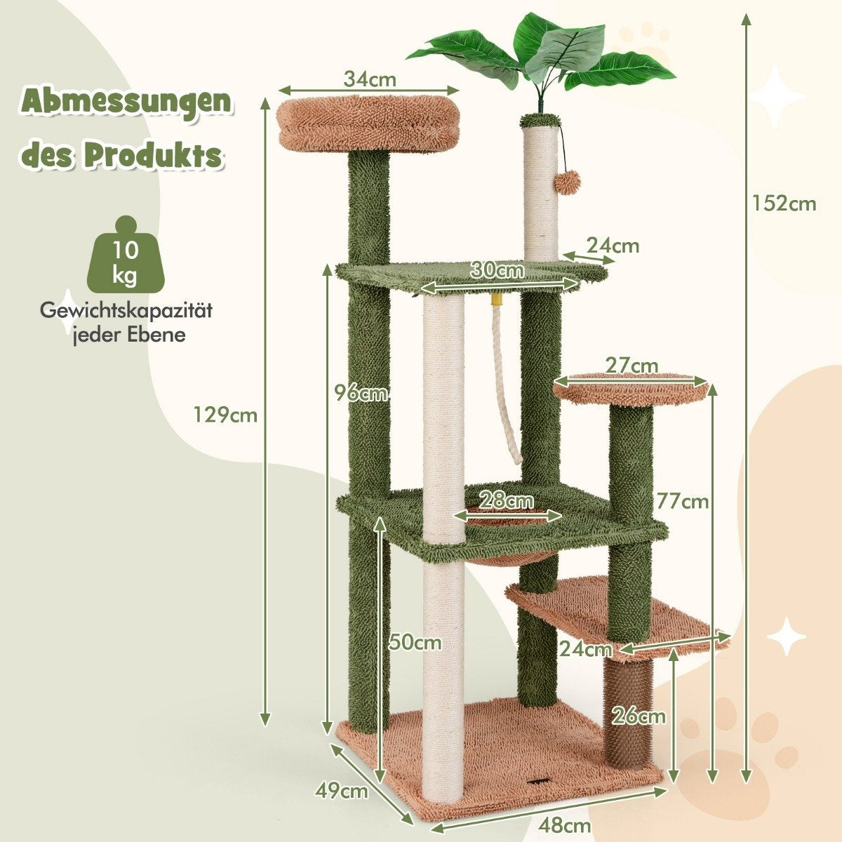 Un árbol para gatos con múltiples niveles, dimensiones y detalles de capacidad de peso. Tiene plataformas, postes rascadores y una planta.