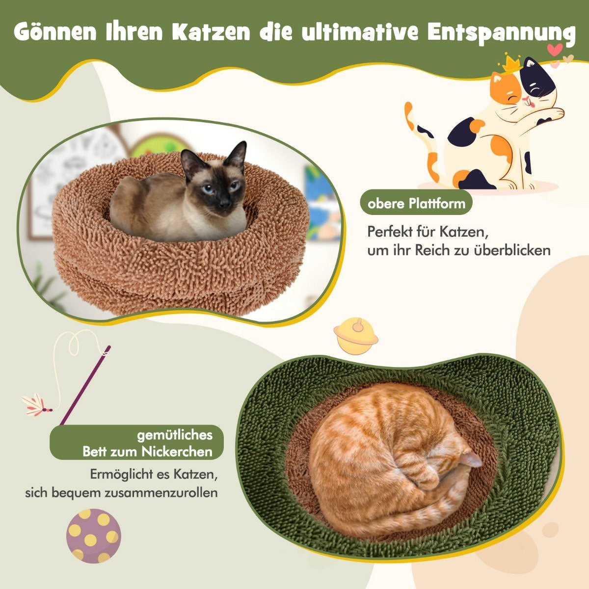 La imagen muestra una cama para gatos con dos gatos dentro, con texto en alemán que describe comodidad y relajación para los gatos.
