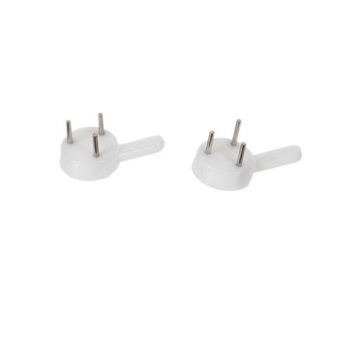 Dos ganchos blancos para colgar cuadros con clavijas metálicas, en forma de asa, sobre fondo blanco.