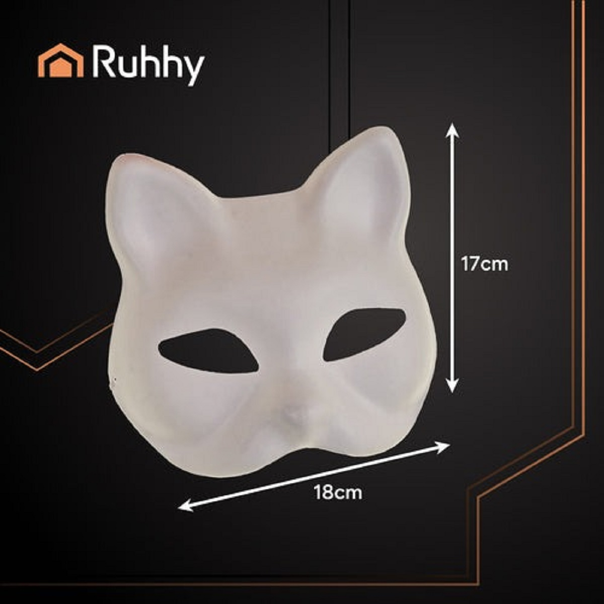 Una máscara de gato blanca con agujeros negros para los ojos. La máscara mide 18 cm de ancho y 17 cm de alto. El logo de Ruhhy es visible.