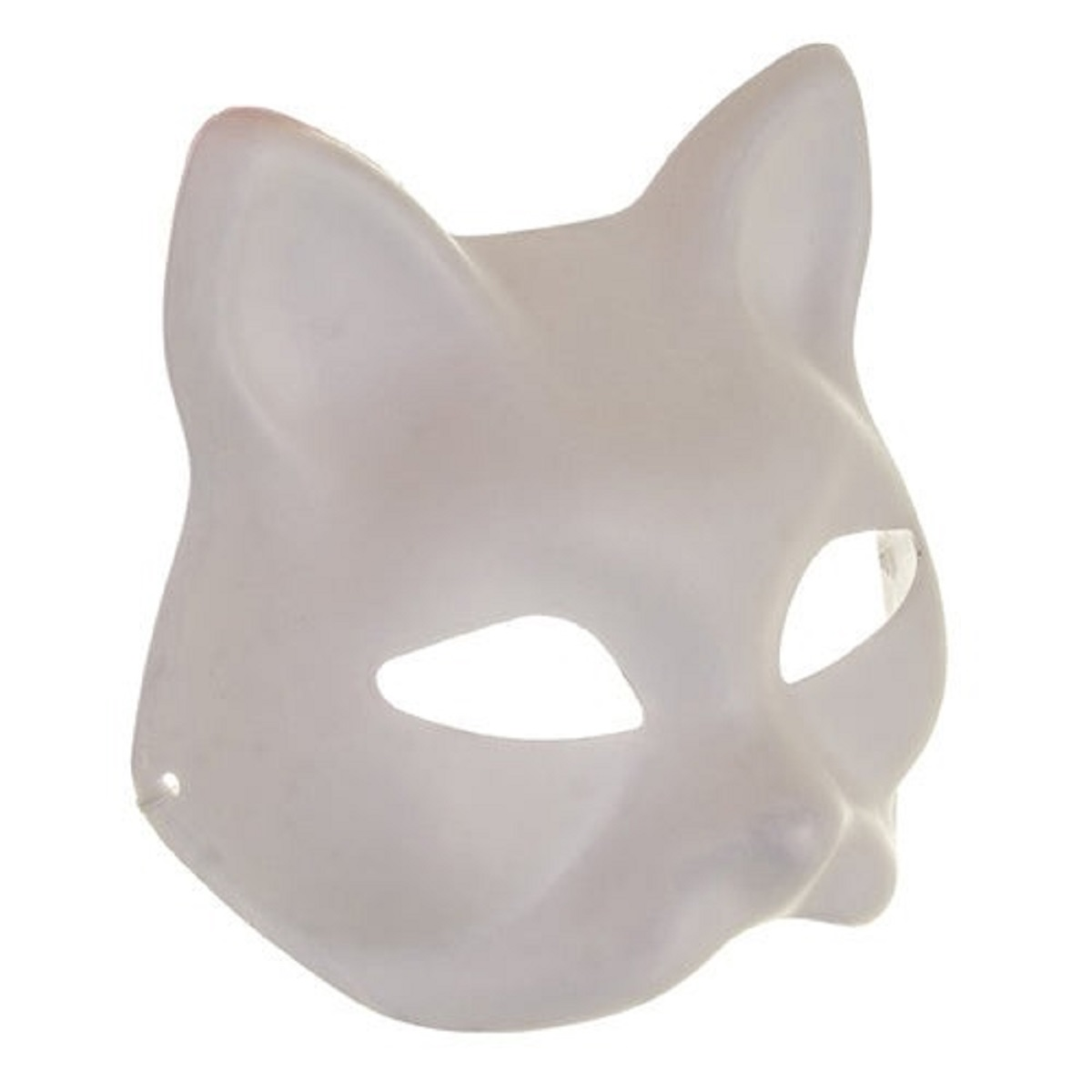 Una máscara de gato blanca con grandes agujeros para los ojos. La máscara es lisa y parece ser de plástico. Está sobre un fondo blanco.