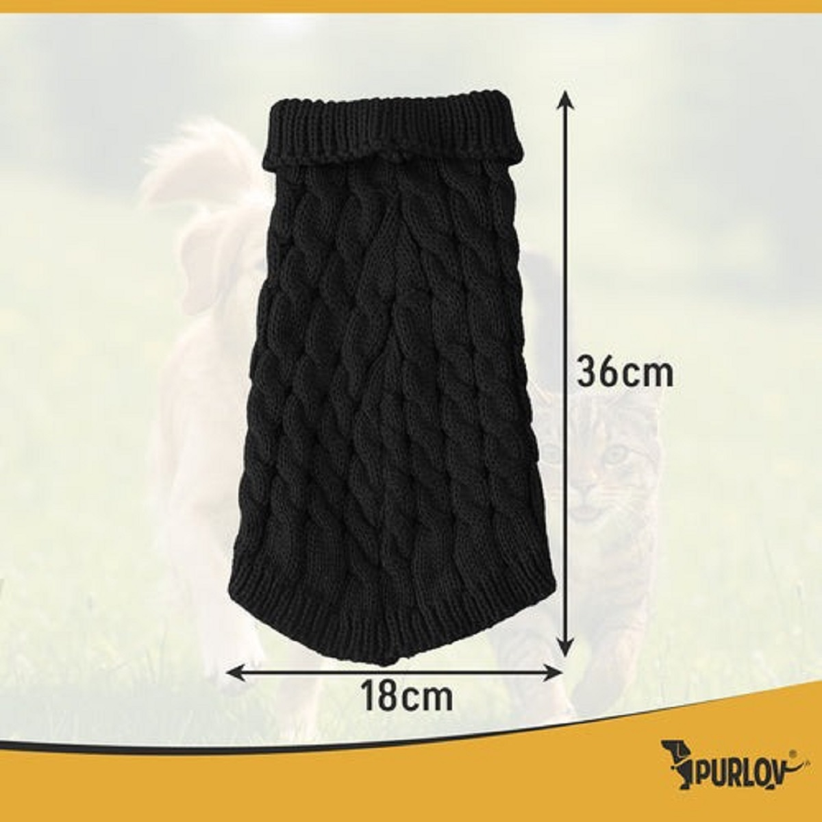 Se muestra un suéter negro tejido para perros, con dimensiones de 36 cm de altura y 18 cm de ancho. Un perro y un gato en el fondo.