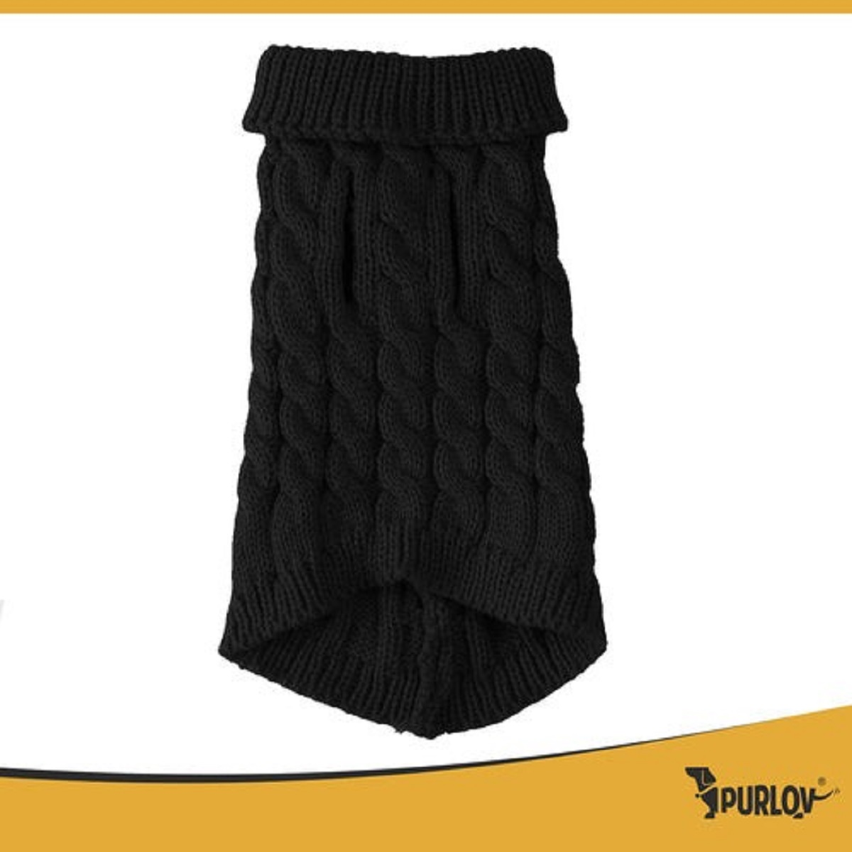 Un suéter negro tejido para perros con diseño de trenzas, cuello y un logotipo en la esquina inferior derecha. Sobre fondo blanco.