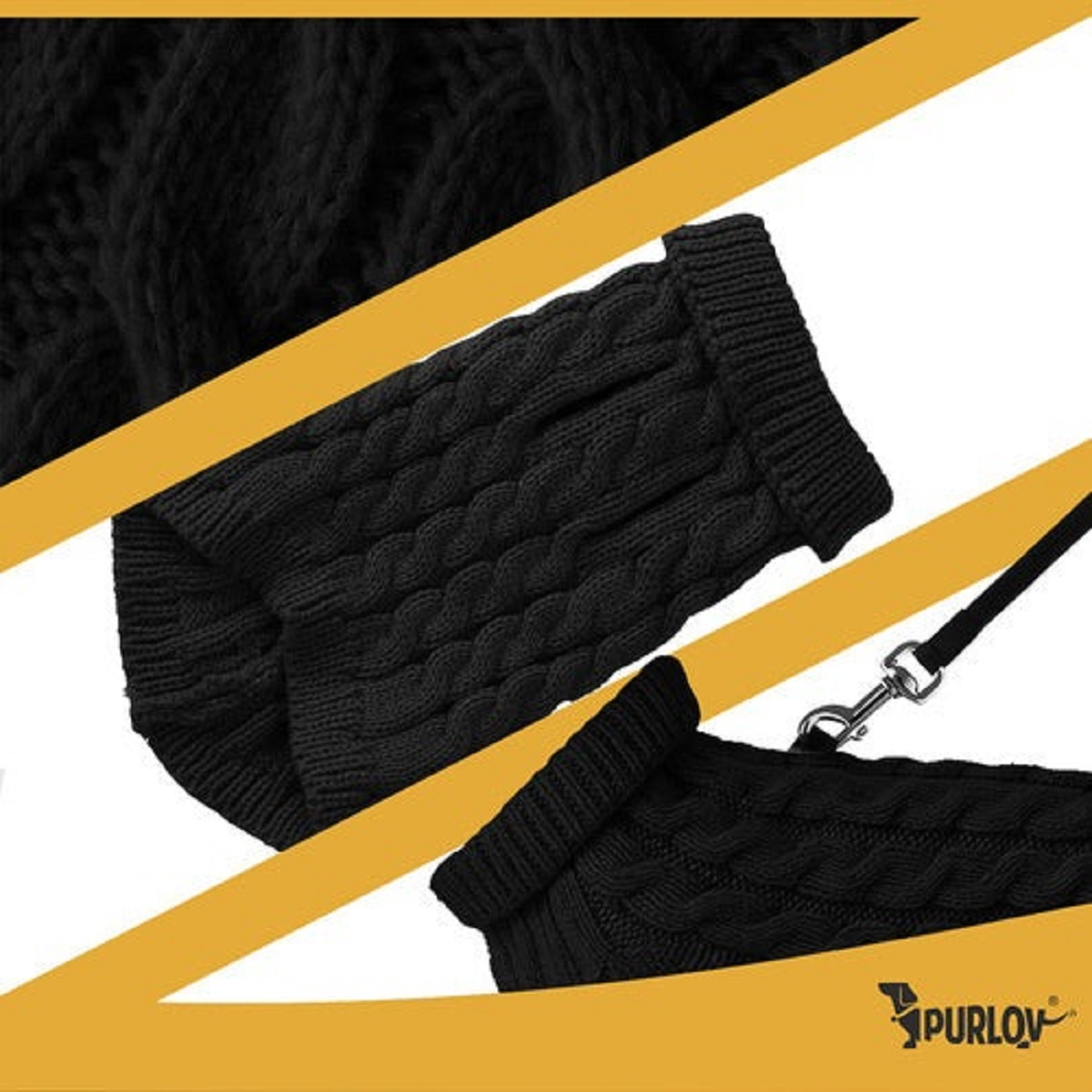 Suéter negro para perro con diseño de punto de cable. Una correa está adjunta. El fondo tiene rayas anguladas amarillas.
