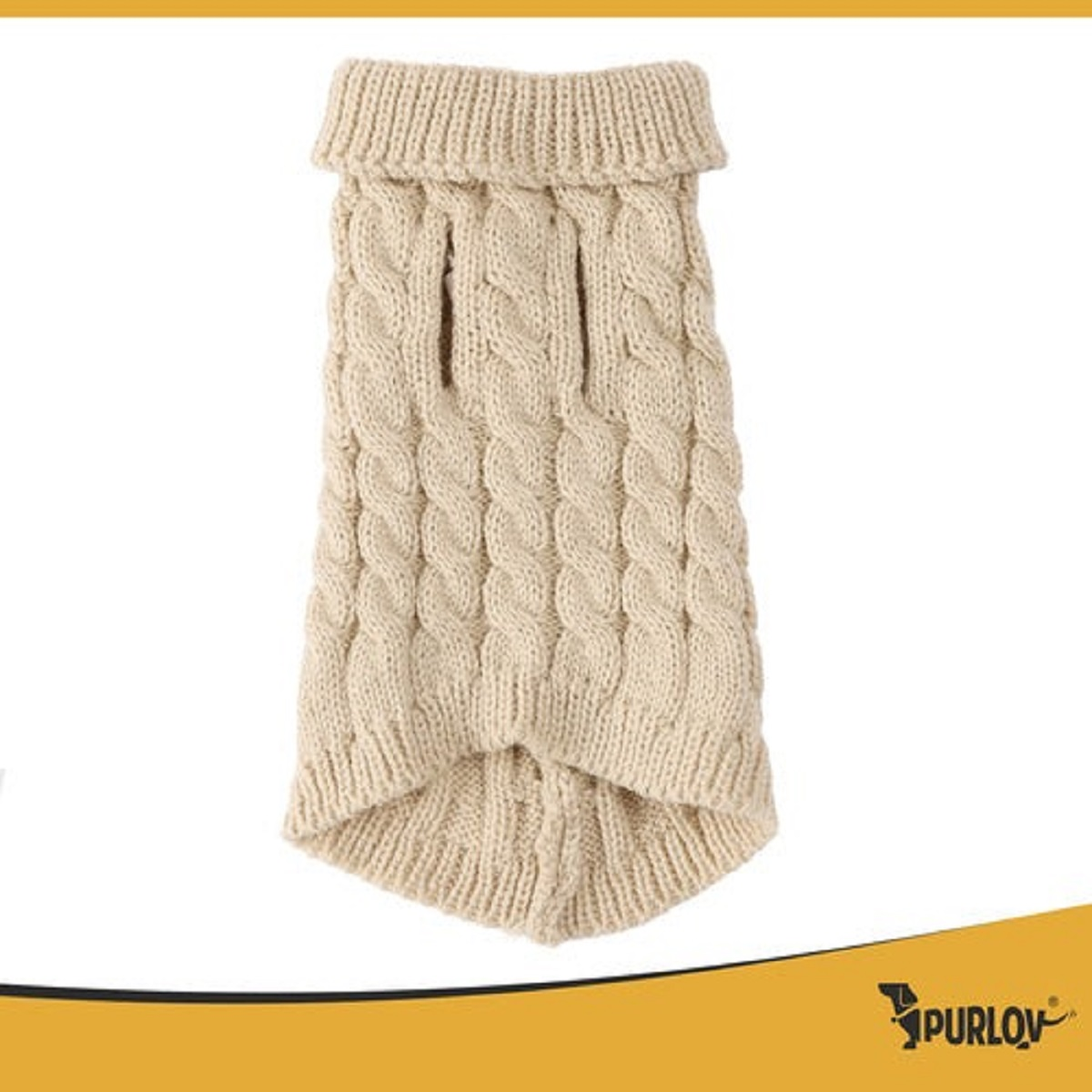 Un suéter tejido beige para perros. Tiene cuello alto, diseño de punto de cable y cortes para las patas.
