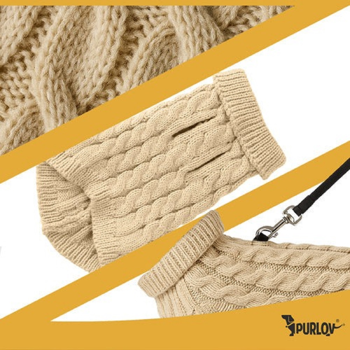 Un suéter beige de punto trenzado para perros con correa adjunta. El suéter tiene agujeros para las piernas. Un logotipo es visible.