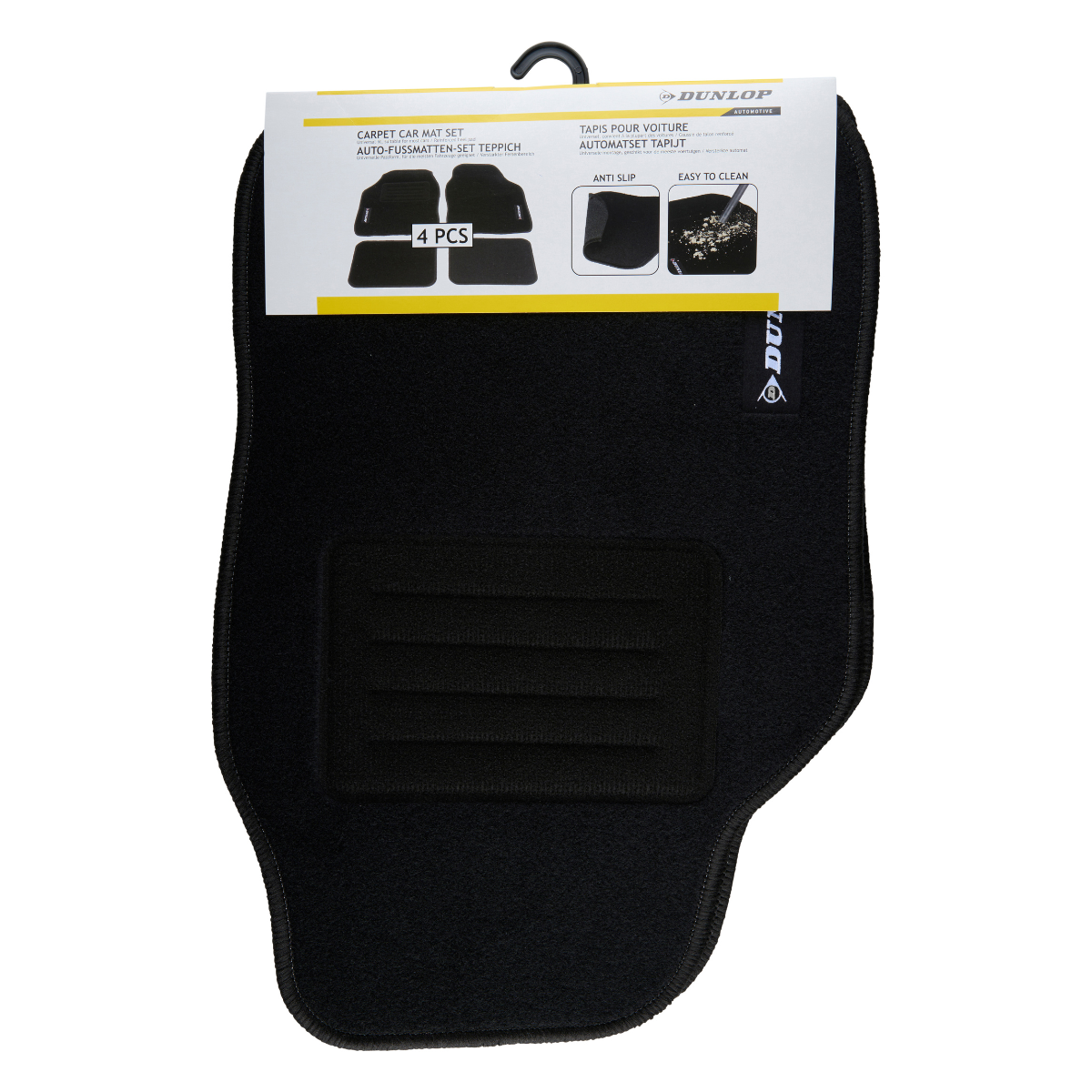 Zwarte automatten set, merk Dunlop, met verpakkingsdetails en haak om te presenteren, tegen een witte achtergrond.