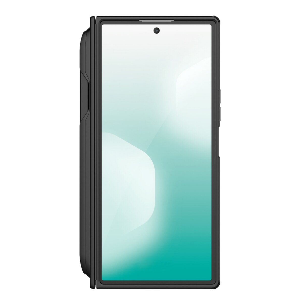Ein Smartphone in einer schwarzen Hülle, Bildschirm an, mit Frontkamera. Der Bildschirm hat Farbverläufe und einen schwarzen Rahmen.