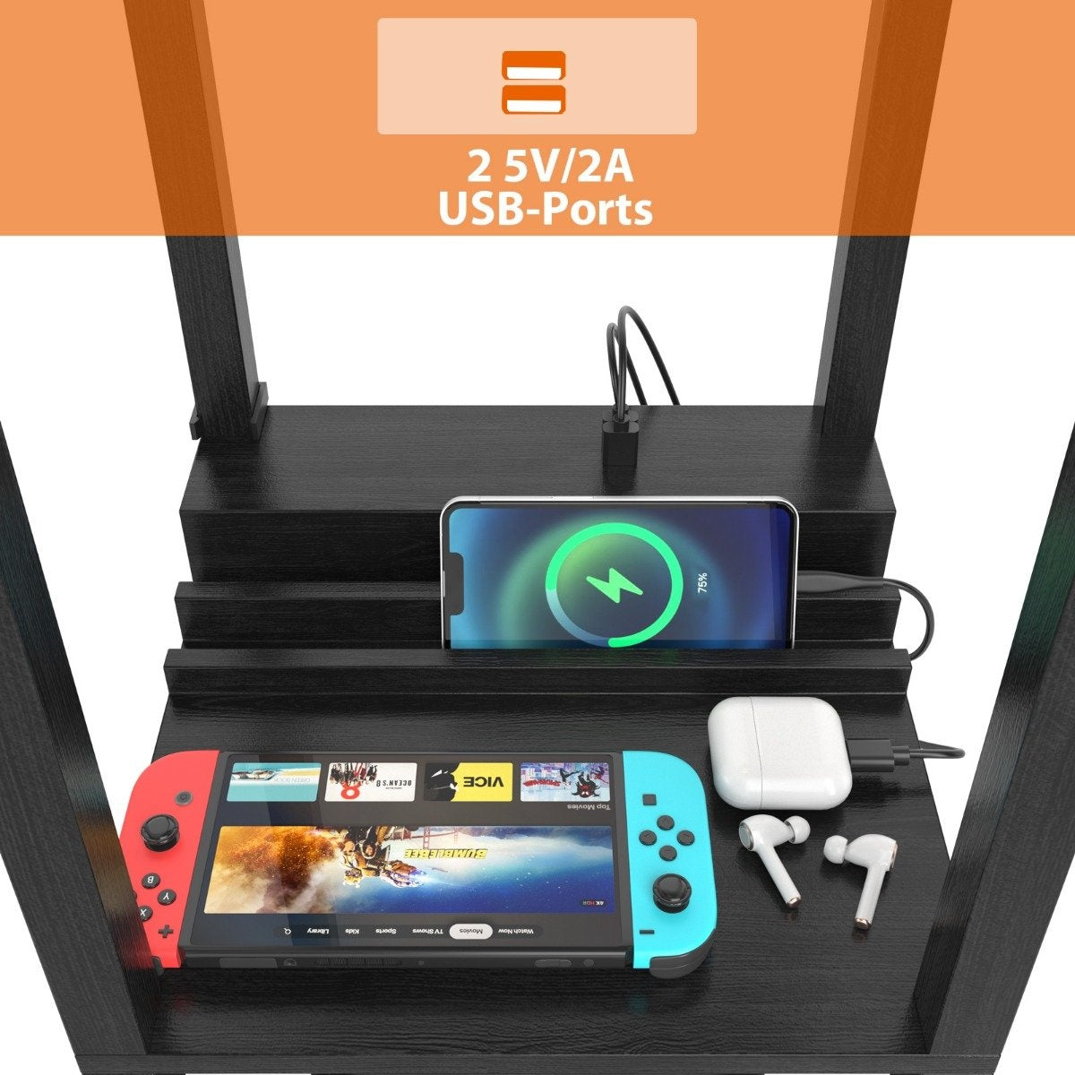 Una estación de carga con teléfono, Switch y auriculares. El teléfono se está cargando. El texto dice 2 5V/2A USB-Ports.