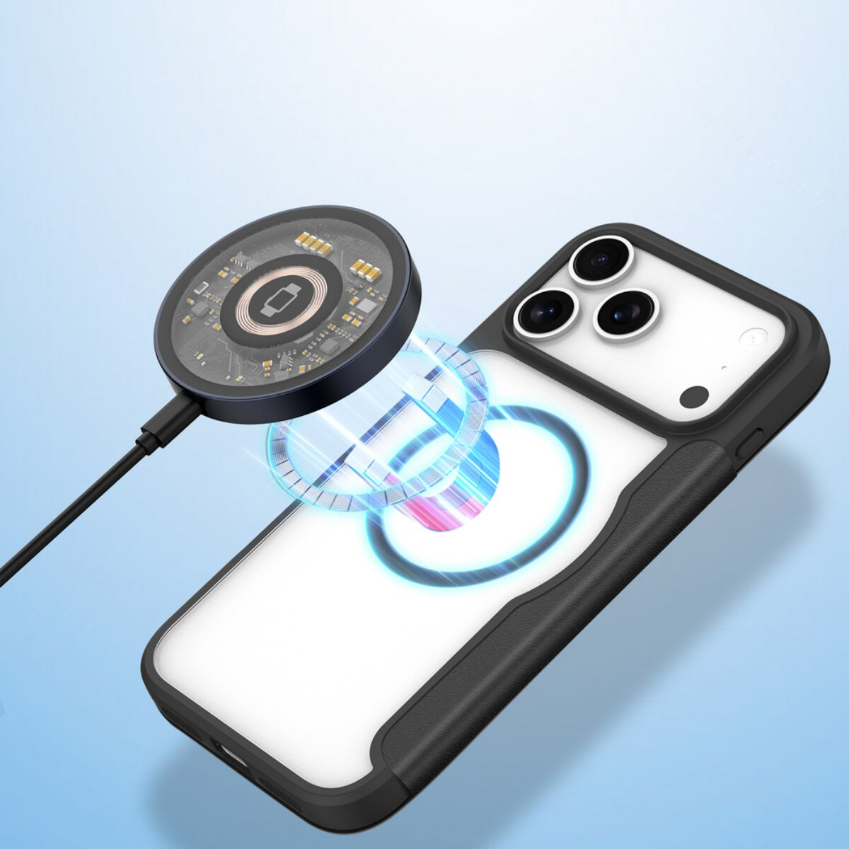 Ein Telefon in einer Hülle wird kabellos geladen. Ein kreisförmiges Ladegerät schwebt über dem Telefon und strahlt blaues Licht aus.