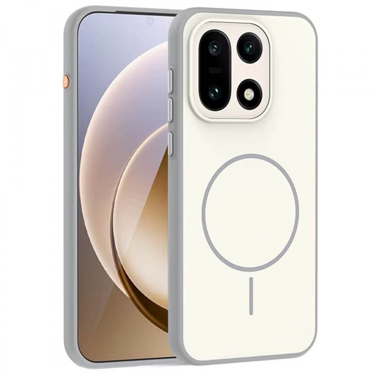 Ein Smartphone in einer hellgrauen Hülle. Die Hülle hat eine weiße Rückseite mit einem Kreis- und Liniensymbol und Kameralöchern.