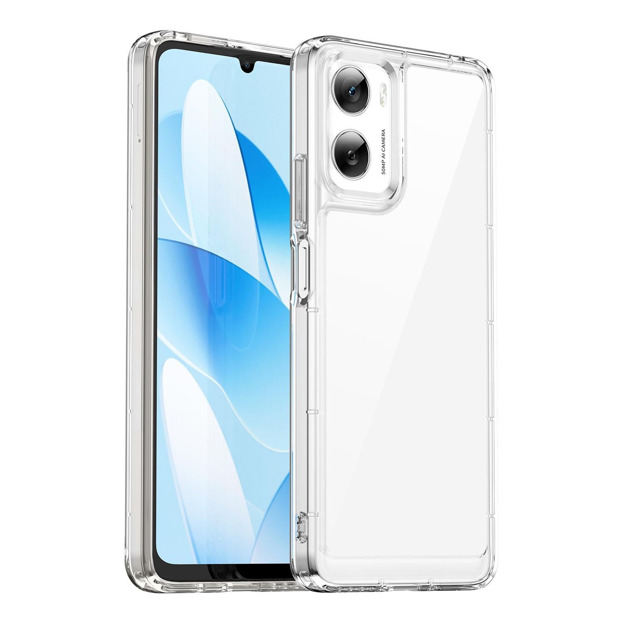 Eine transparente Handyhülle schützt ein Smartphone. Das Telefon zeigt einen blau-weiß gemusterten Bildschirm.