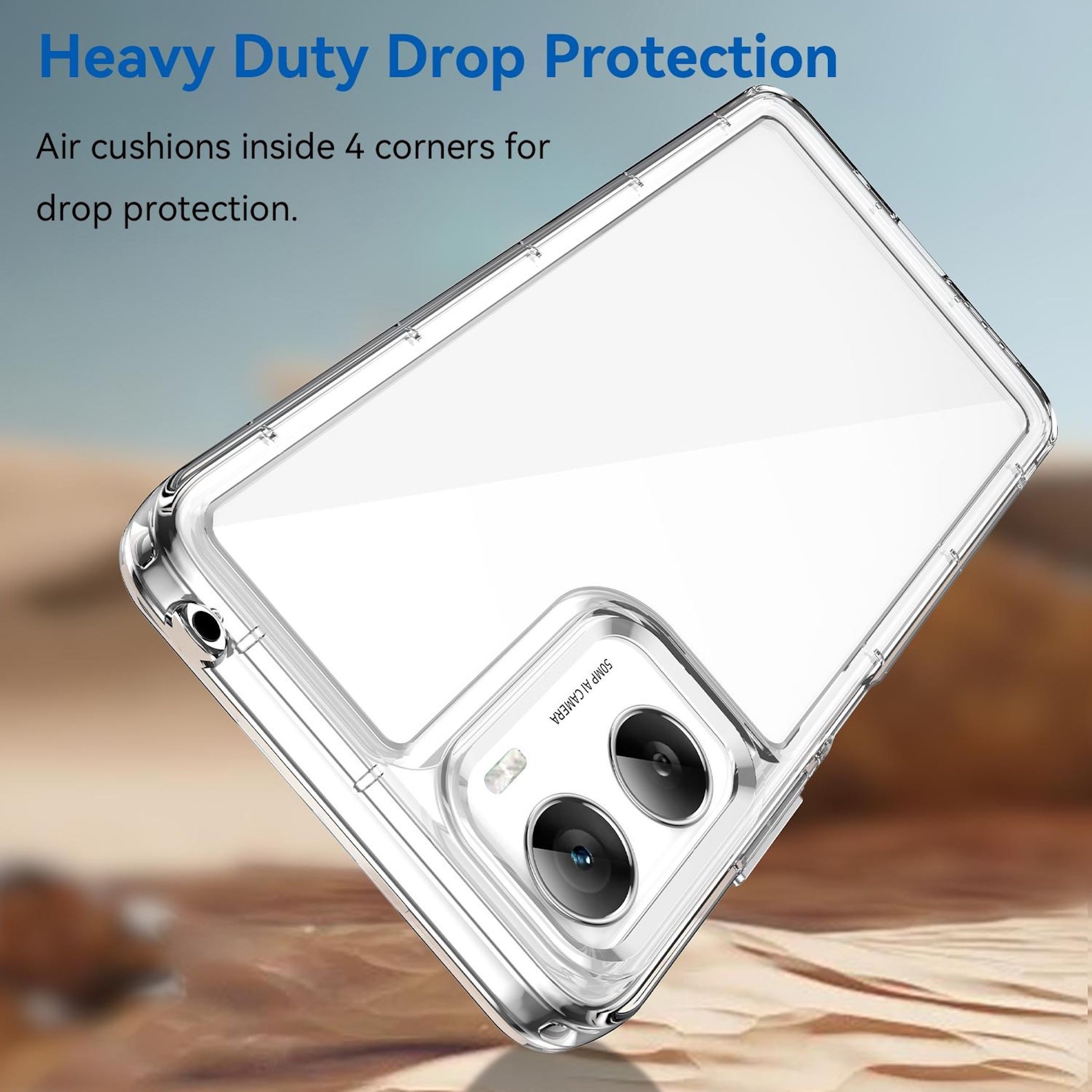 Transparente Handyhülle. Text: 'Heavy Duty Drop Protection'. Luftkissen in Ecken. 50MP KI-Kamera sichtbar.