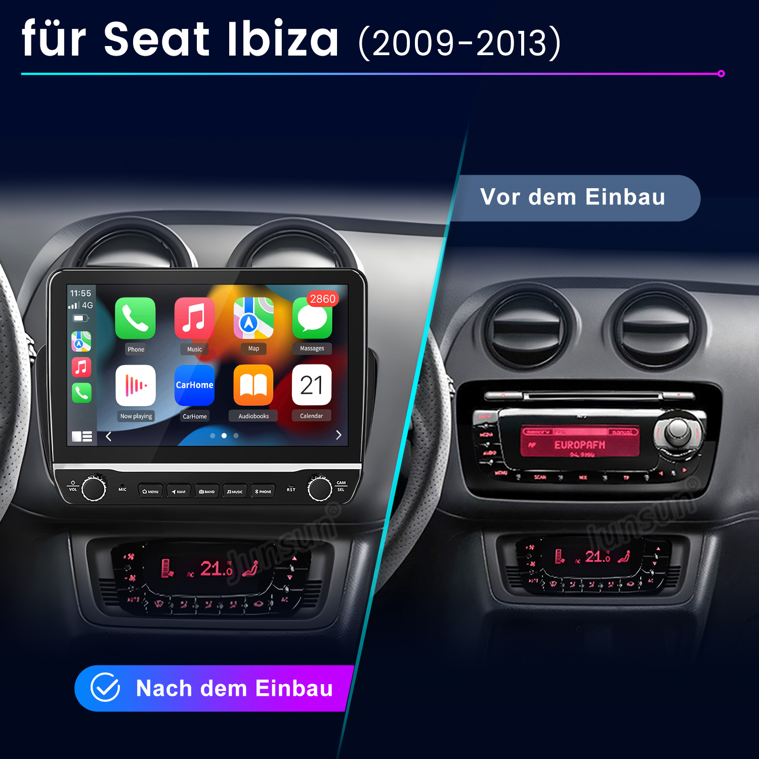 Vergleich des Armaturenbretts: altes Radio vs. neuer Touchscreen. Zeigt Apps wie Telefon, Musik und Karte. Temperaturanzeige 21,0.