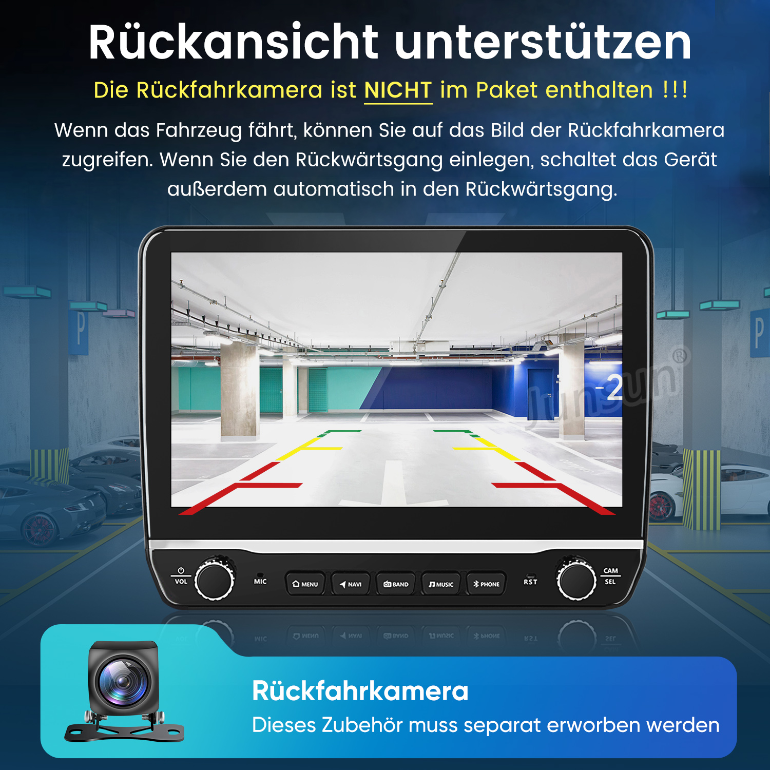 Ansicht des Parkplatzes auf einem Bildschirm. Unten ist eine Kamera abgebildet. Deutscher Text.