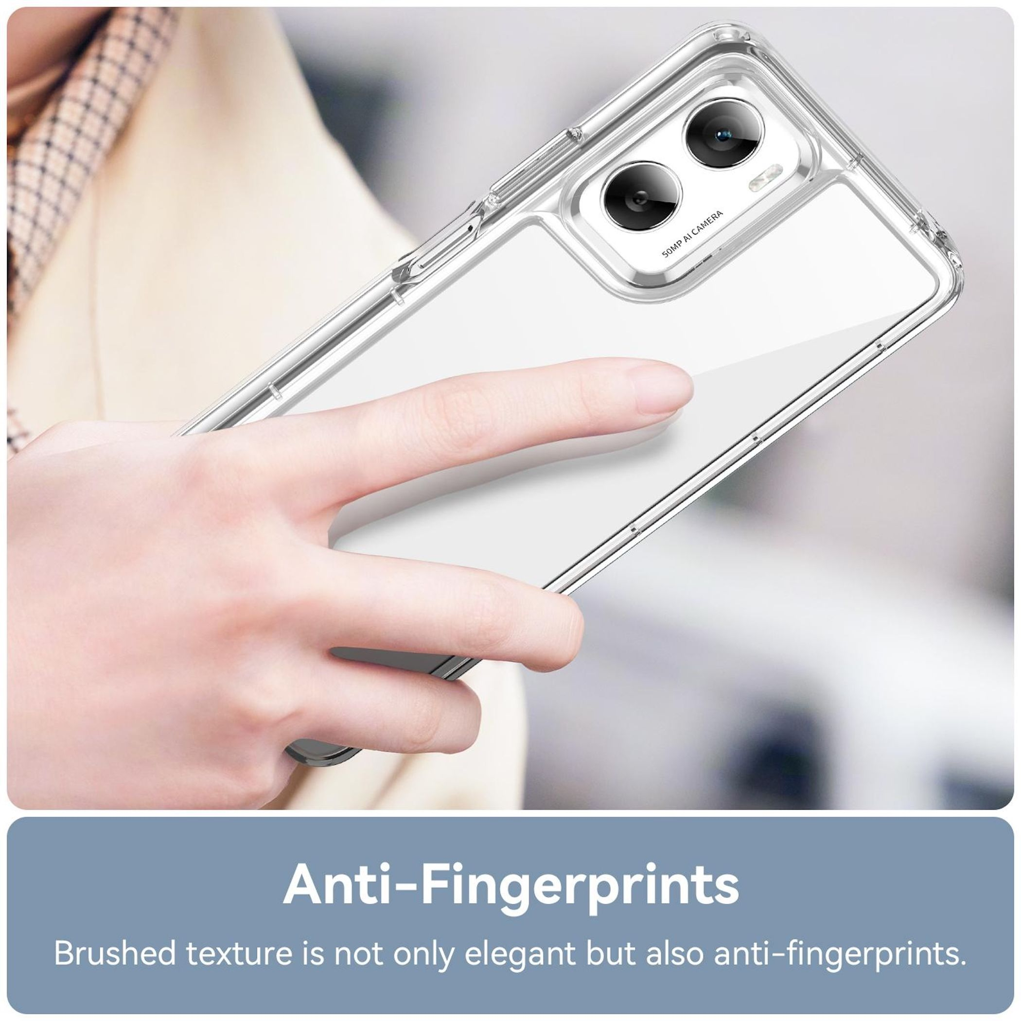 Eine Hand hält eine durchsichtige Handyhülle. Die Hülle schützt ein Telefon mit Kamera. Text: 'Anti-Fingerprints'.