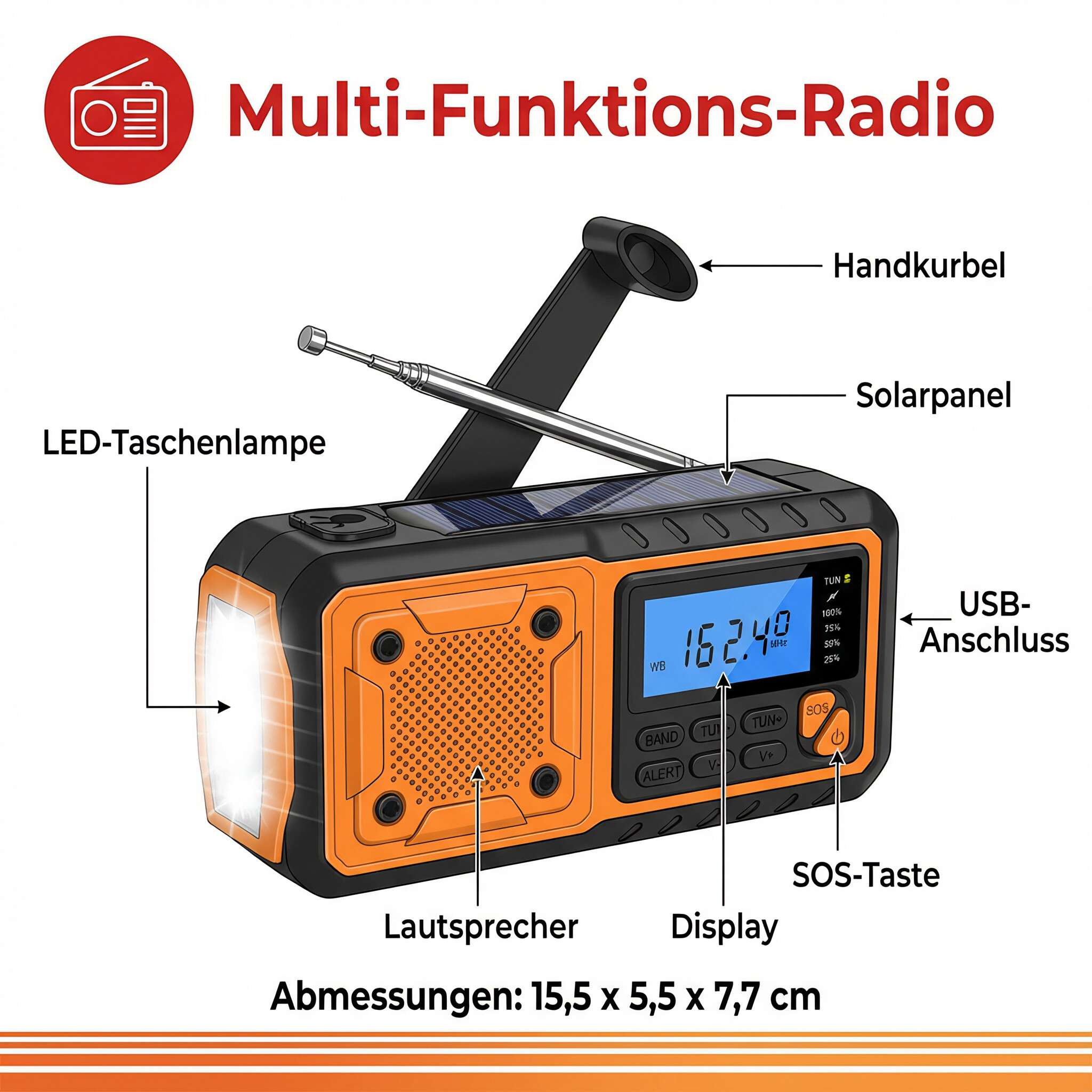 Ein orange-schwarzes Multifunktionsradio mit Display, LED und Solarpanel.