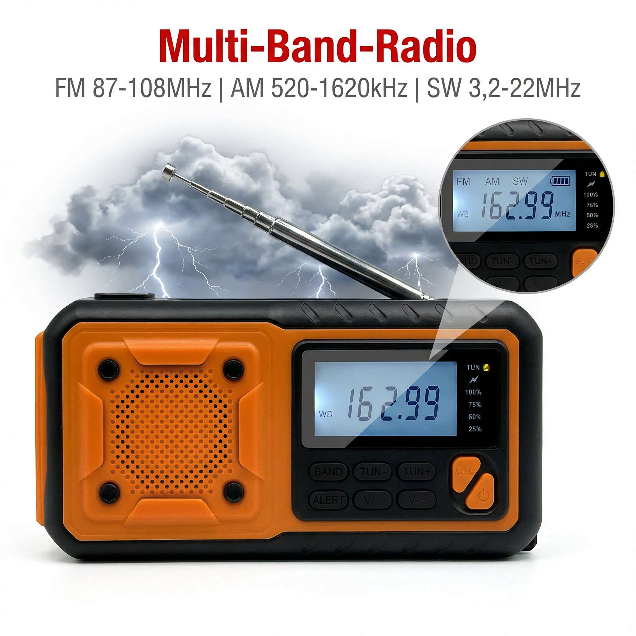 Ein orange-schwarzes Mehrbandradio mit Digitalanzeige, die 162,99 MHz anzeigt. Im Hintergrund blitzt es.