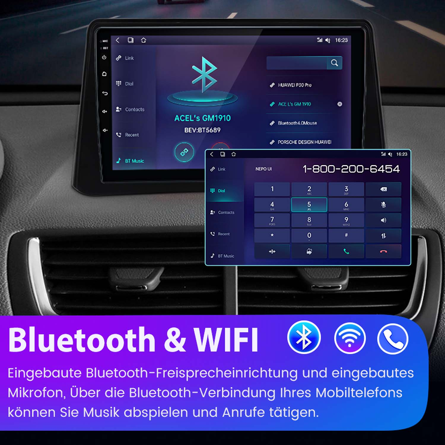 Auto-Infotainment-Bildschirm zeigt Bluetooth- und Telefonwähl-Oberflächen. Text sagt Bluetooth & WIFI.