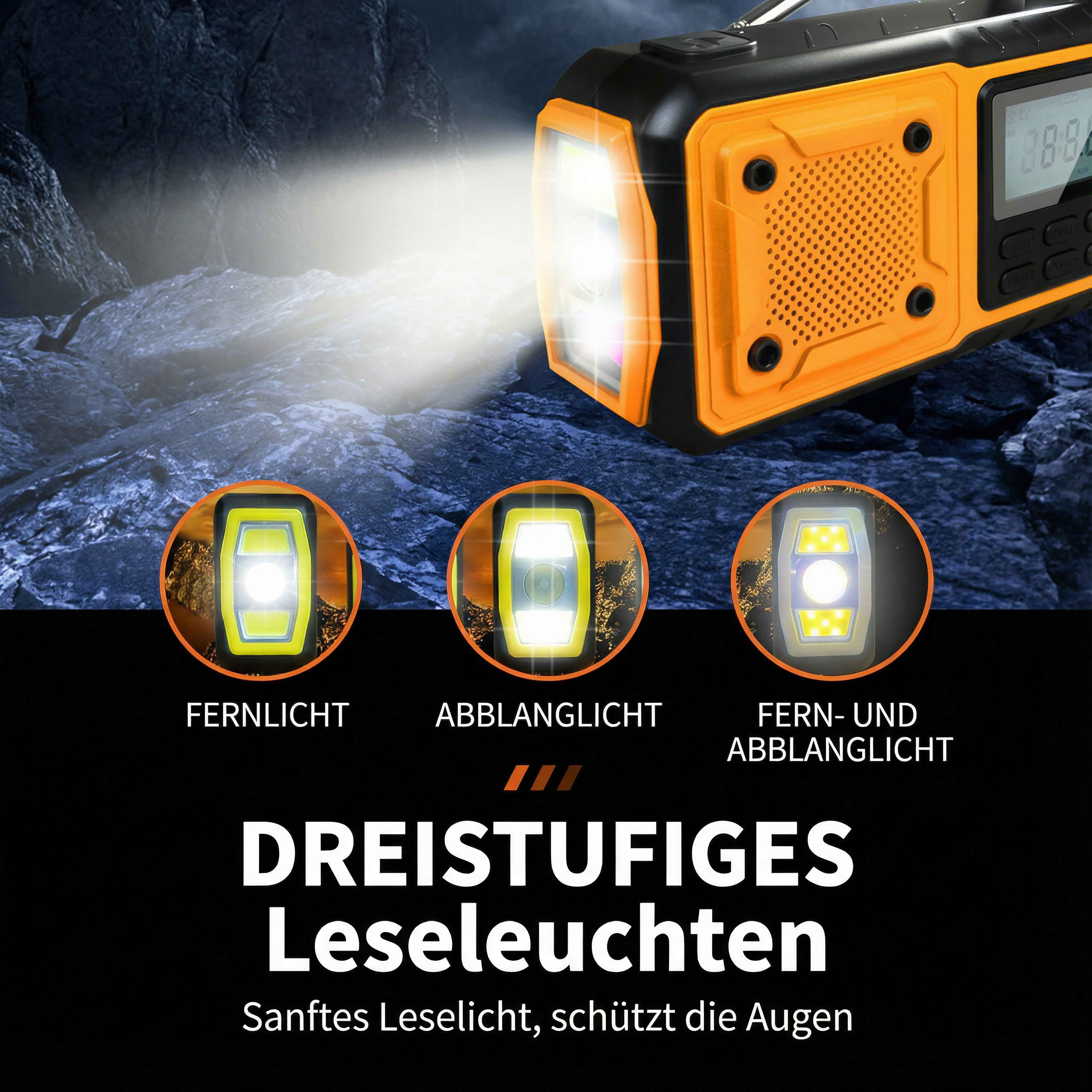 Ein orange-schwarzes Radio mit hellem Licht, drei Lichtmodi unten und Text über Leselicht.