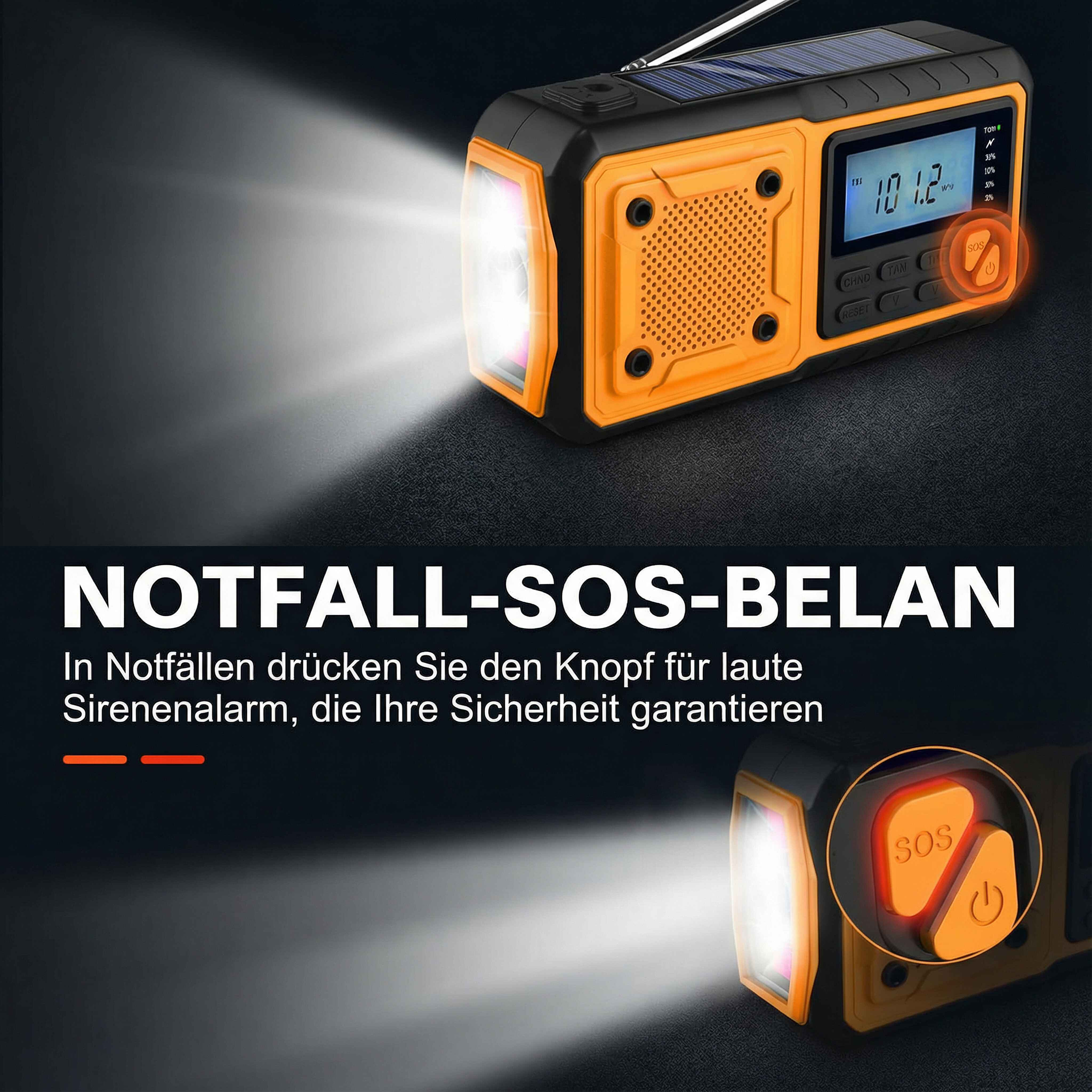 Ein orange-schwarzes Notfallradio mit Licht wird gezeigt. Die SOS-Taste leuchtet. Text lautet 'NOTFALL-SOS-BELAN'.