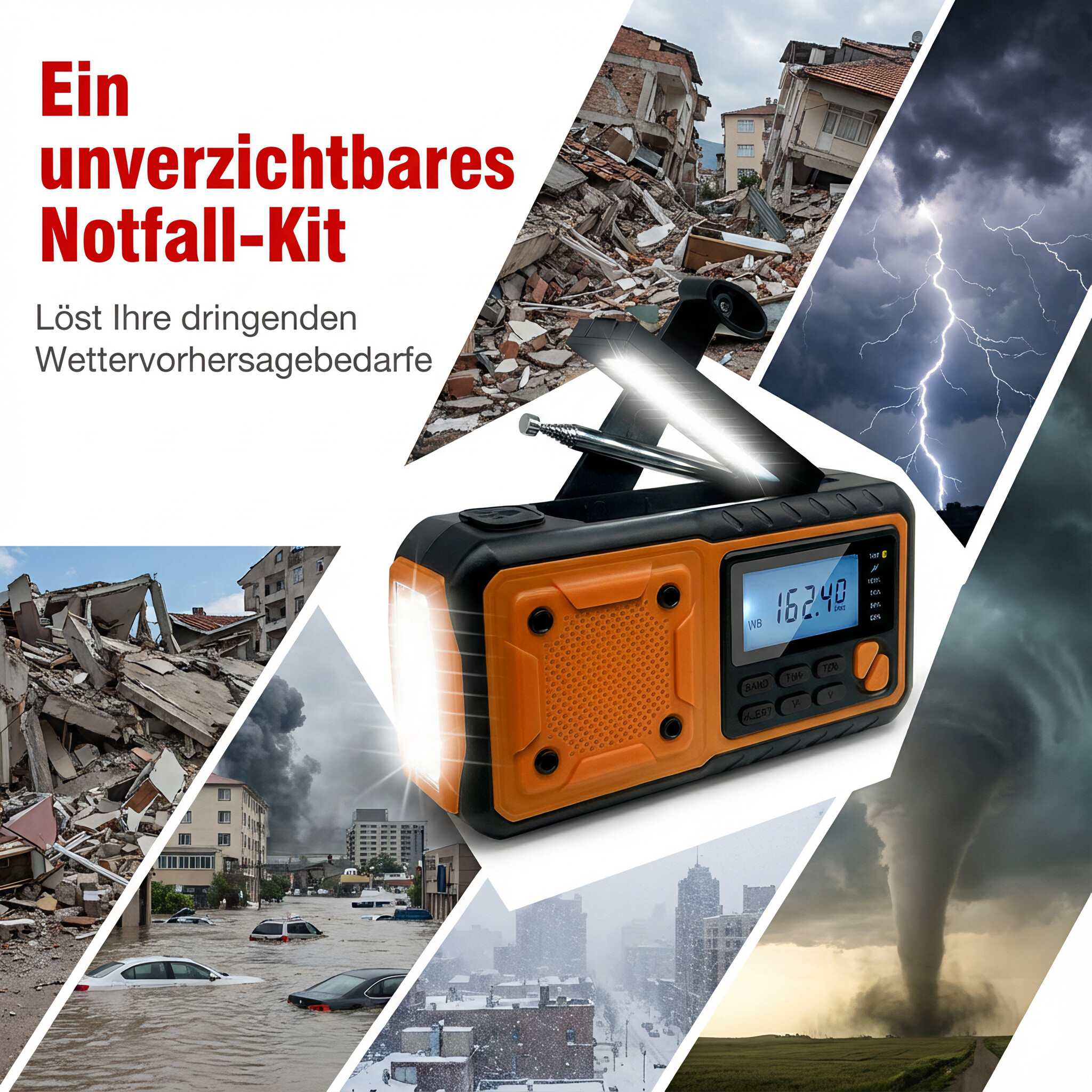 Ein Notfall-Kit mit Radio, Taschenlampe und Szenen von Katastrophen wie Überschwemmungen und Stürmen.