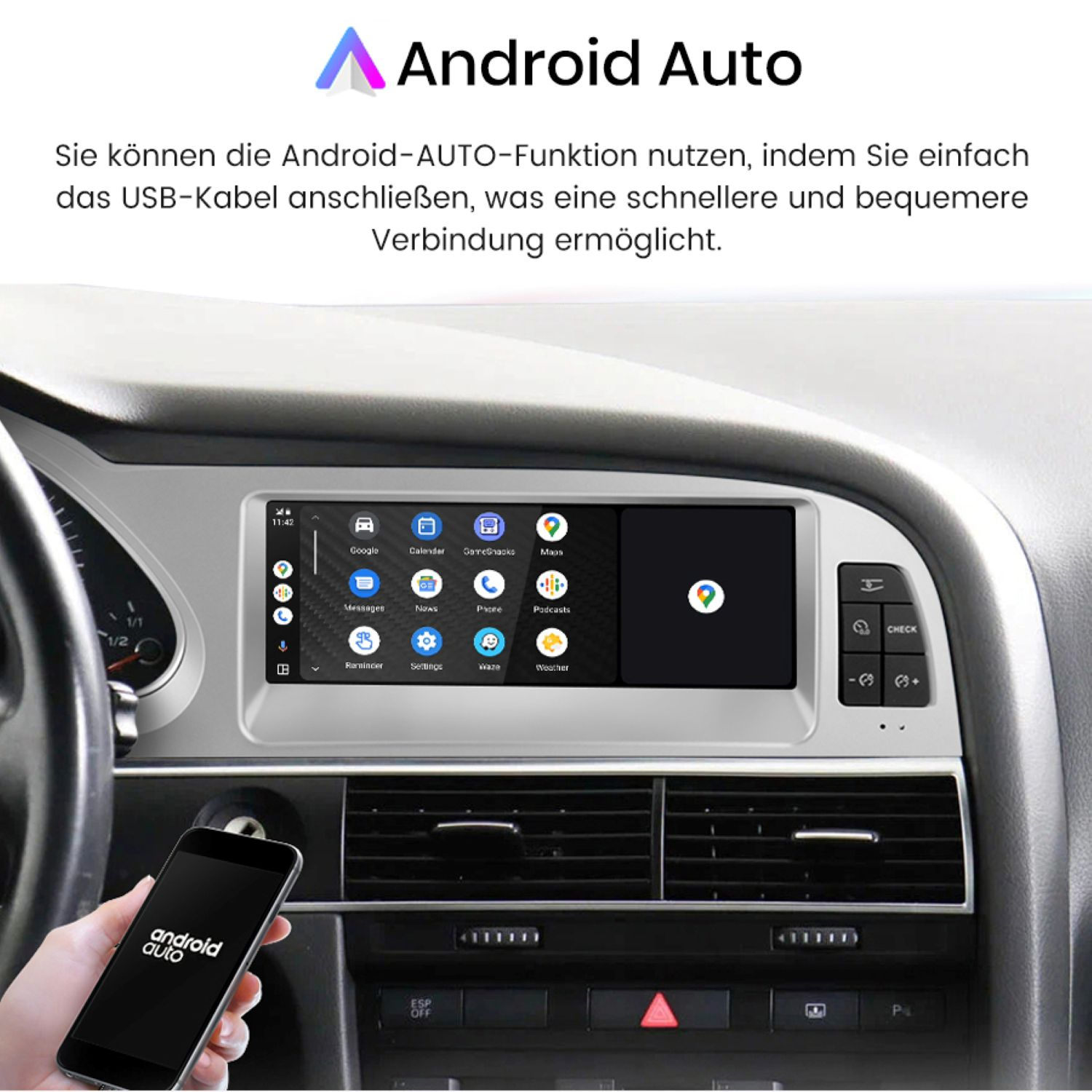 Auto-Armaturenbrett mit Android Auto. Ein Telefon mit Logo wird vorgehalten. Text auf Deutsch erklärt die Funktion.