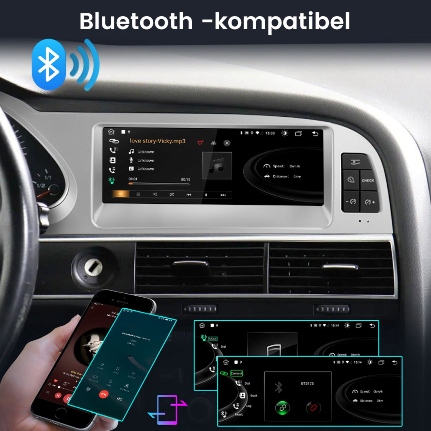 Autoradio mit Musik, Telefon über Bluetooth verbunden. Zeigt einen Telefonbildschirm mit Anrufschnittstelle.