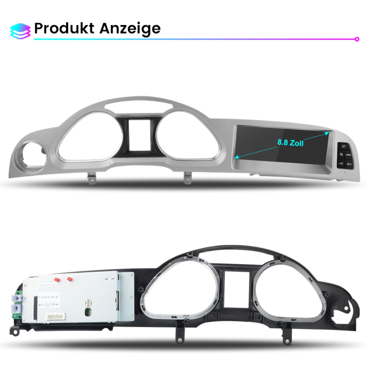 Autoteile des Armaturenbretts, silber und schwarz, mit 8,8-Zoll-Bildschirm und Produktanzeigetext.